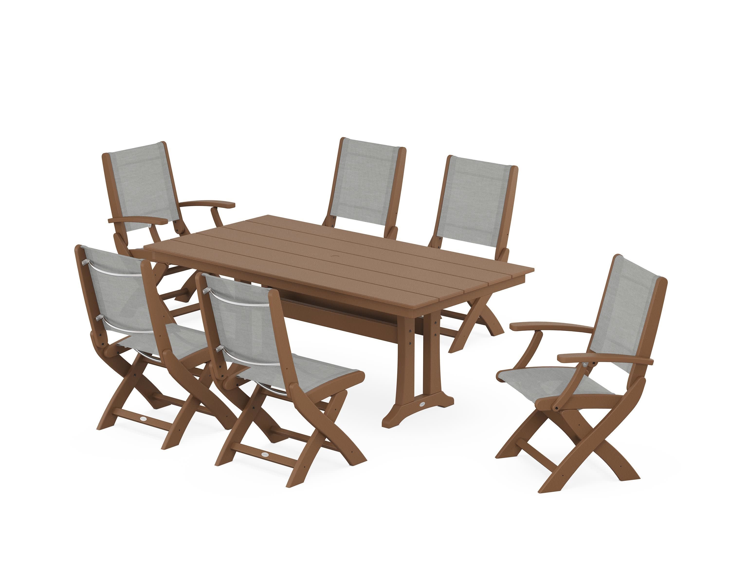 Coastal Folding Chair 7-Piece Farmhouse Dining Set with Trestle Legs in Teak / Metallic Sling