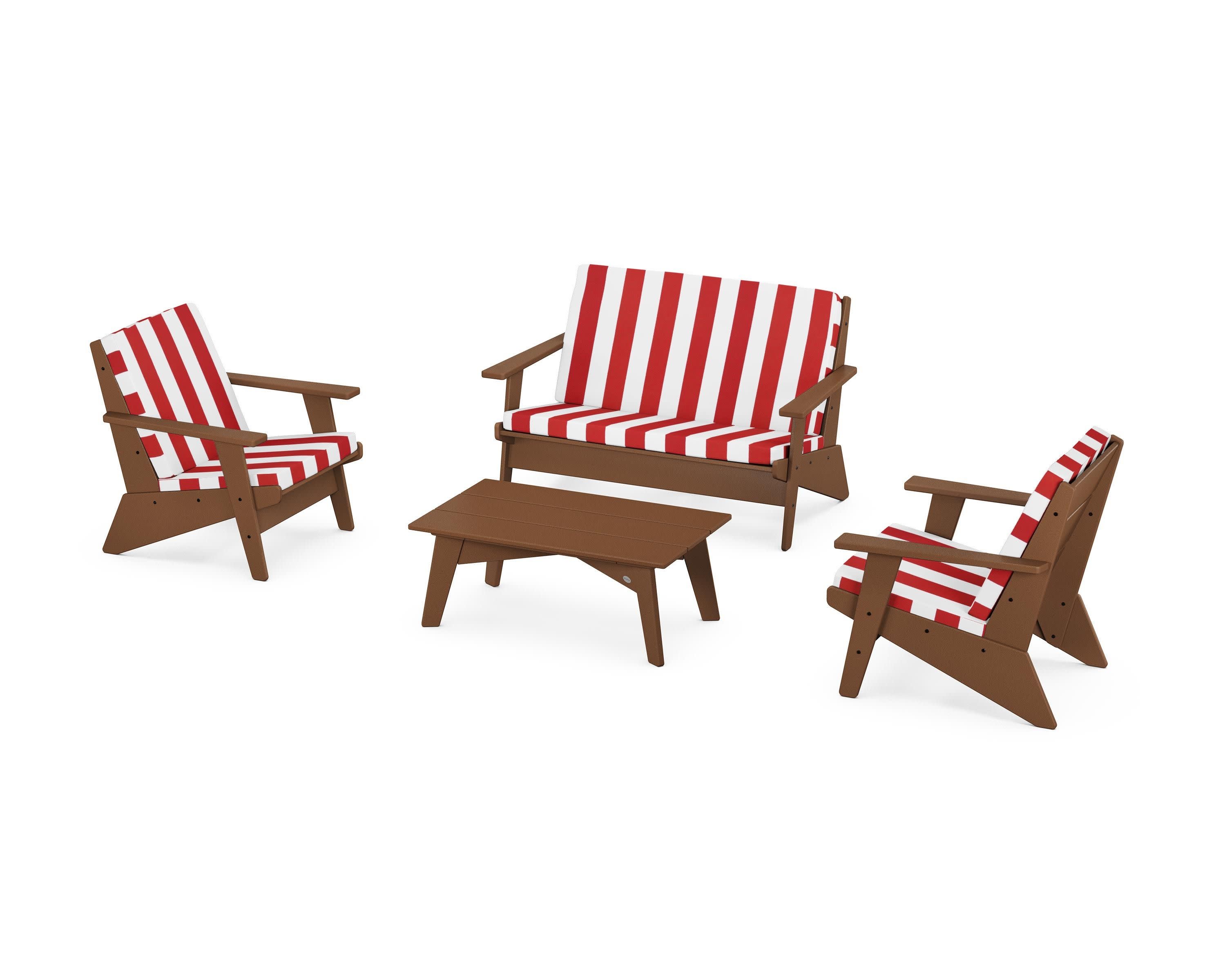Riviera Modern Lounge 4-Piece Set in Teak / Cabana Stripe Crimson