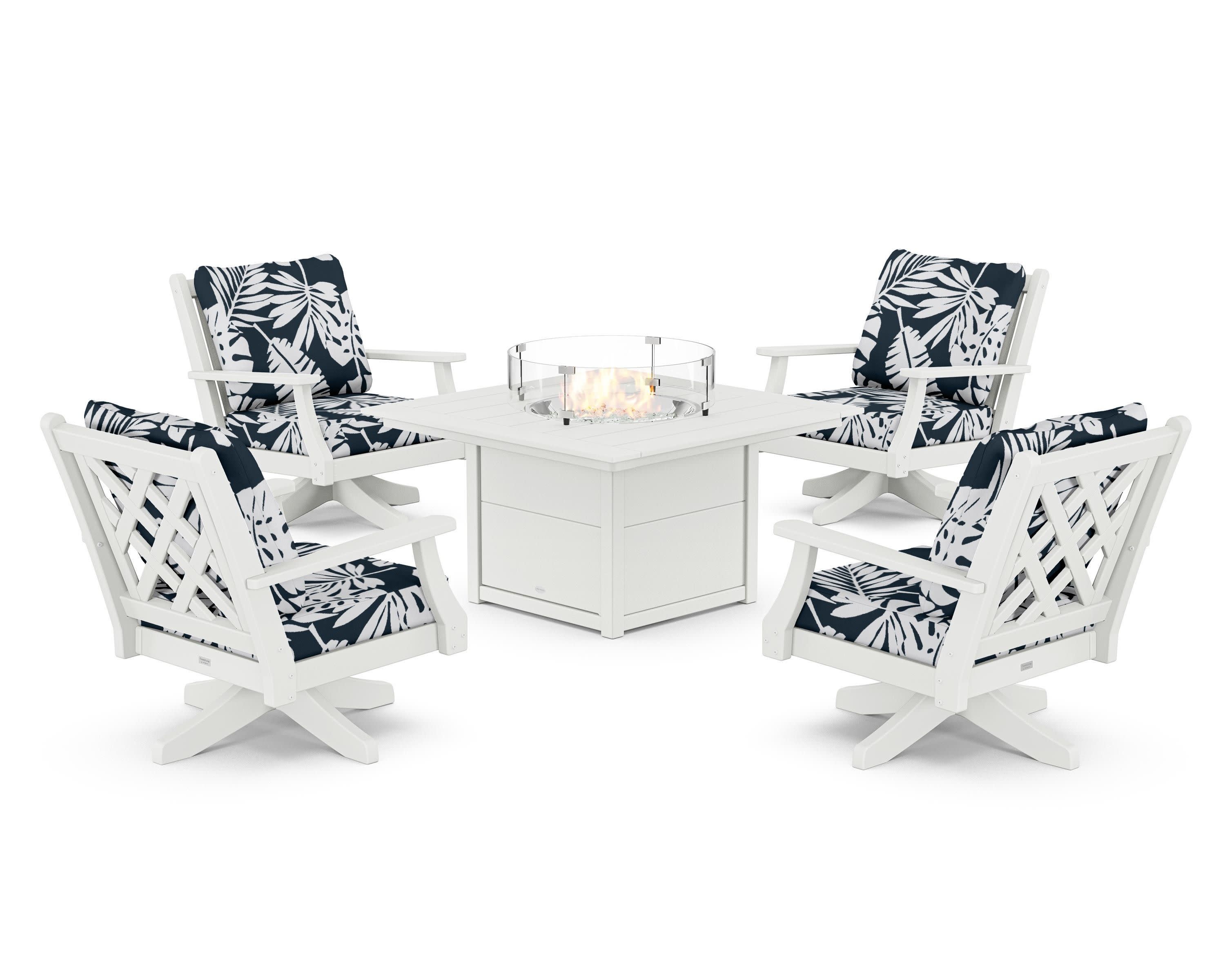 Wovendale 5-Piece Deep Seating Swivel Conversation Set with Fire Pit Table in White / Leaf Marine Indigo
