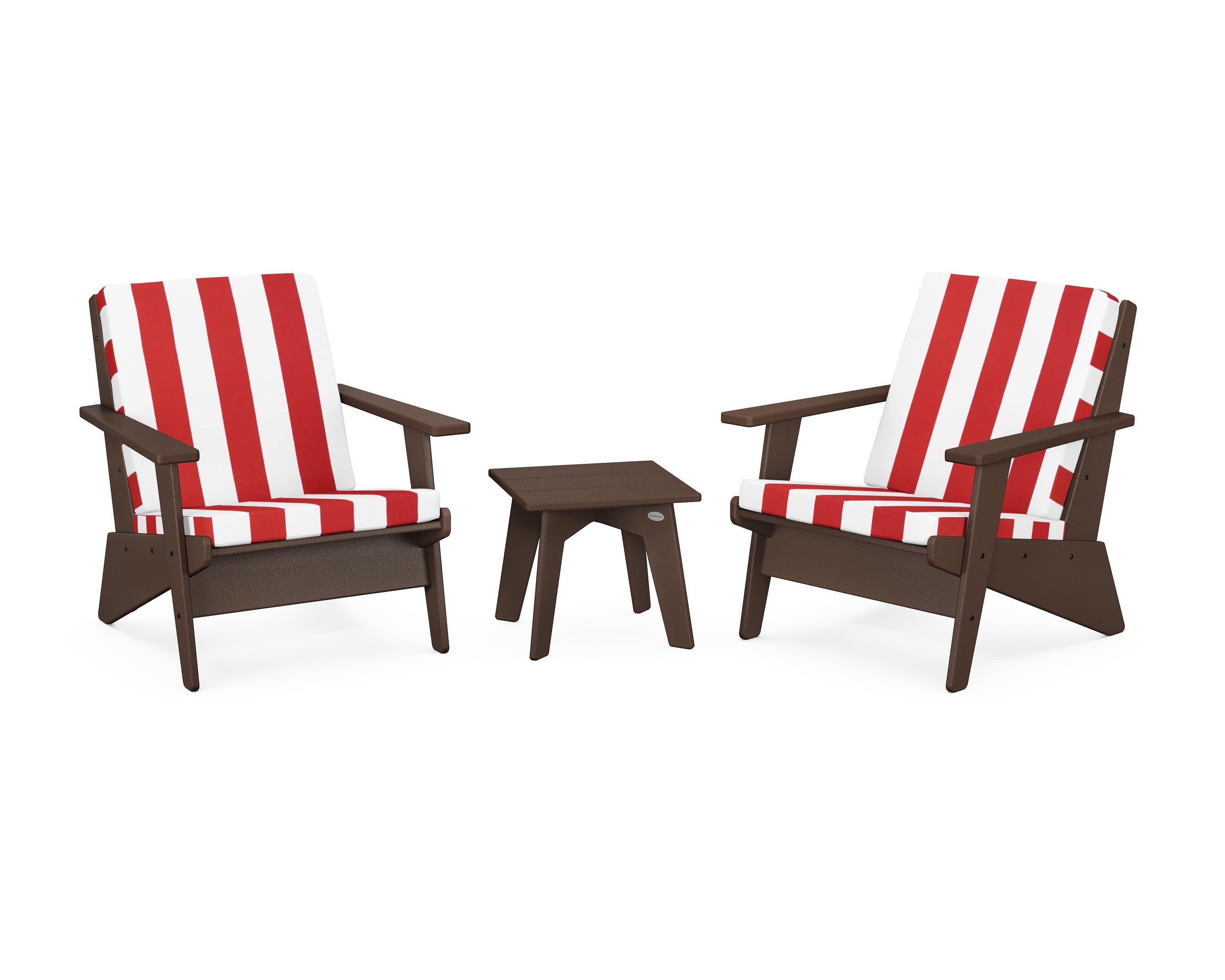 Riviera Modern Lounge 3-Piece Set in Mahogany / Cabana Stripe Crimson