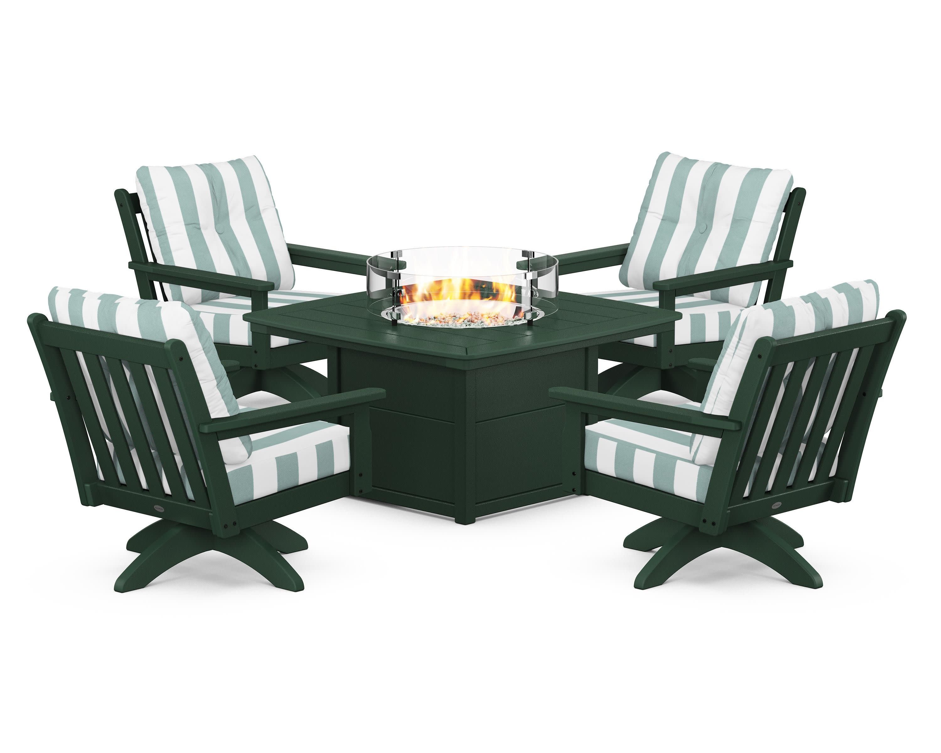 Vineyard 5-Piece Deep Seating Swivel Conversation Set with Fire Pit Table in Green / Cabana Stripe Glacier Spa