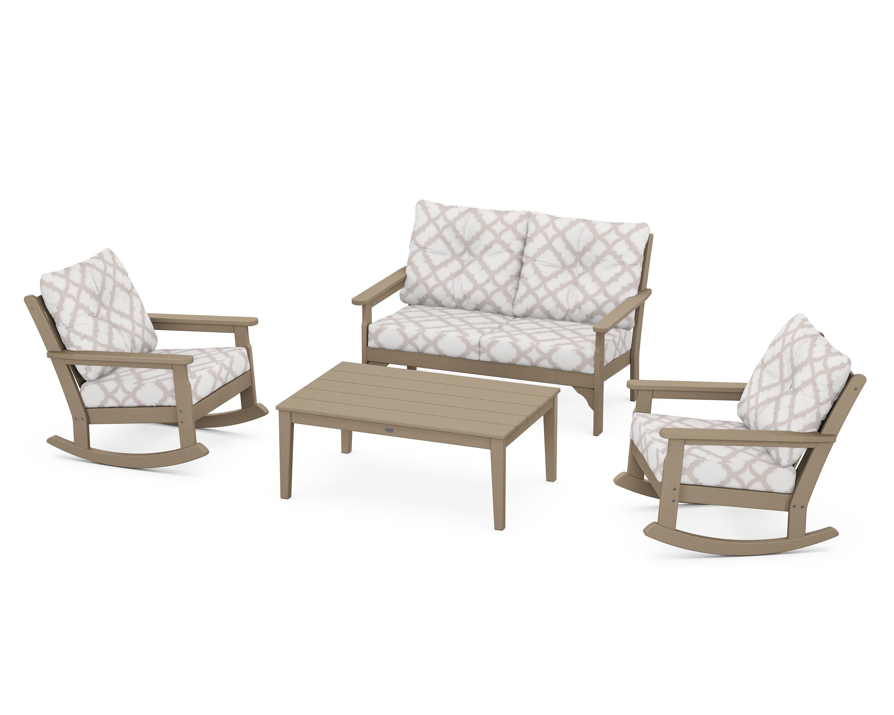 Vineyard 4-Piece Deep Seating Rocking Chair Set in Vintage Sahara / Trellis Dune Burlap