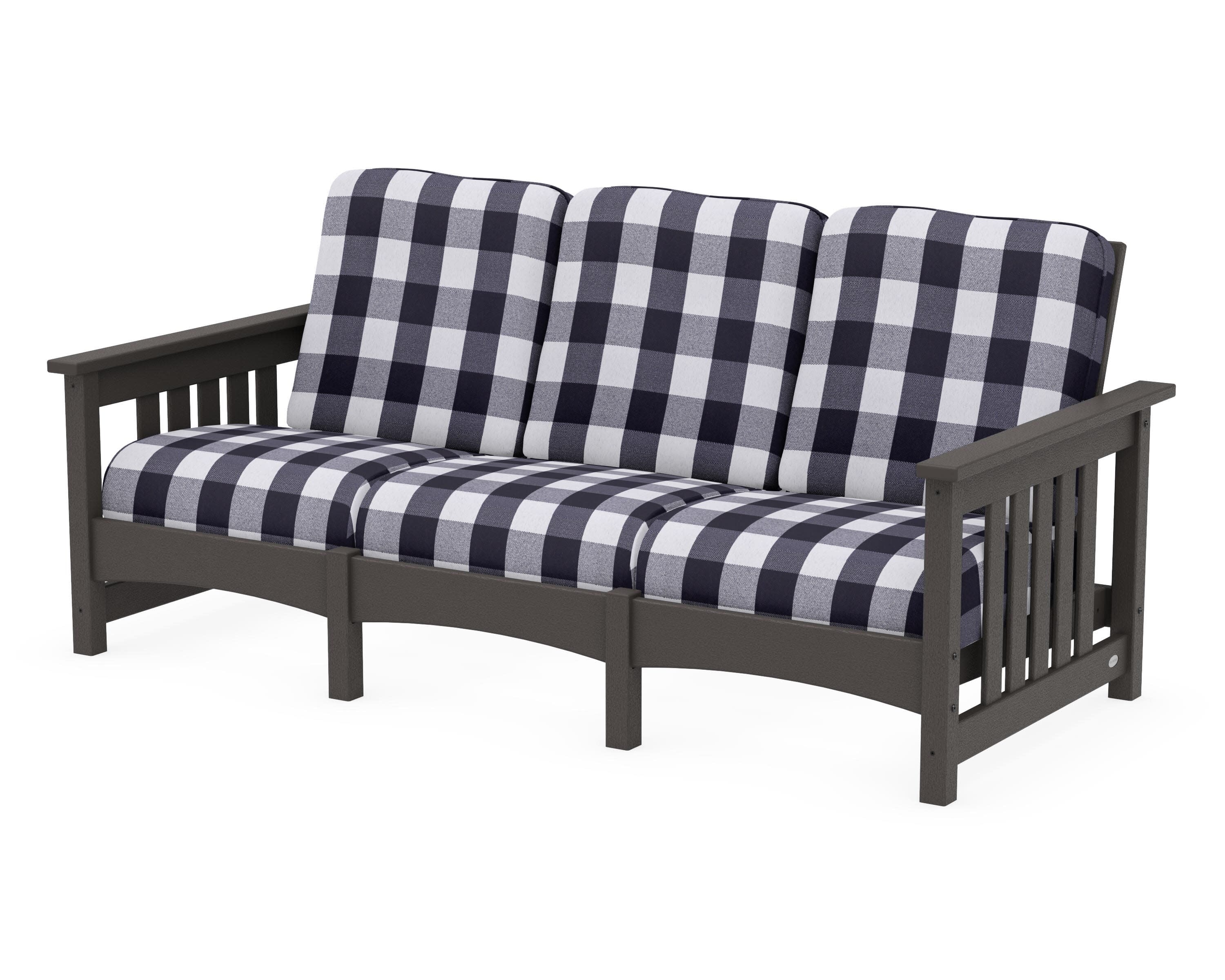 Club Mission Sofa in Vintage Coffee / Buffalo Plaid Navy