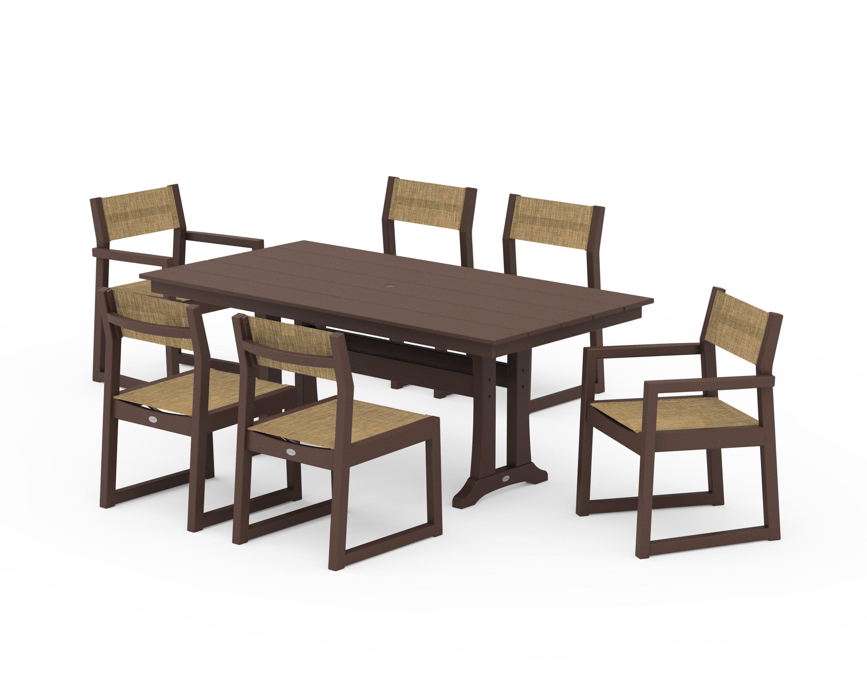 EDGE Sling 7-Piece Farmhouse Trestle Dining Set in Mahogany / Burlap Sling