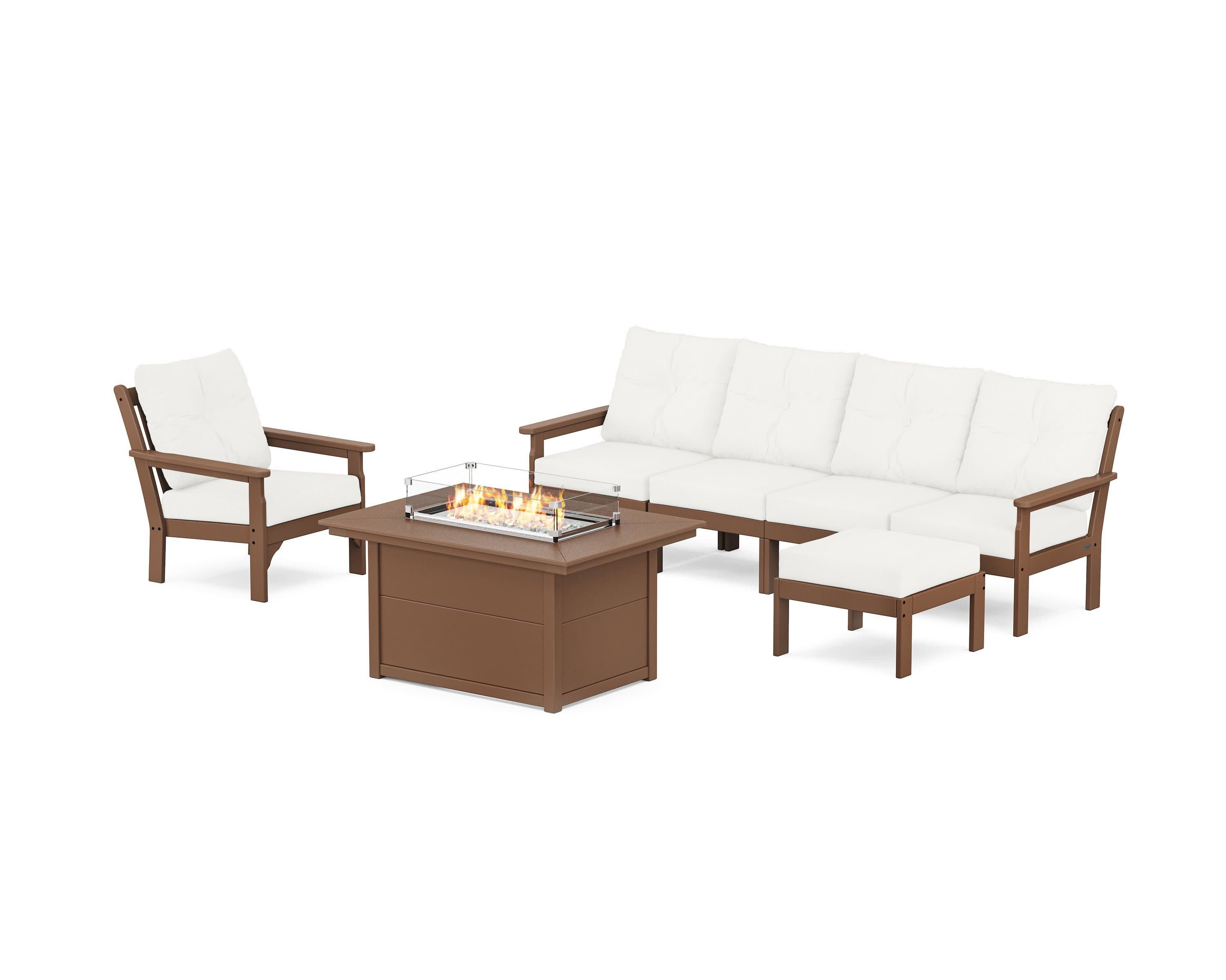 Vineyard Sectional Lounge and Fire Pit Set in Teak / Natural Linen