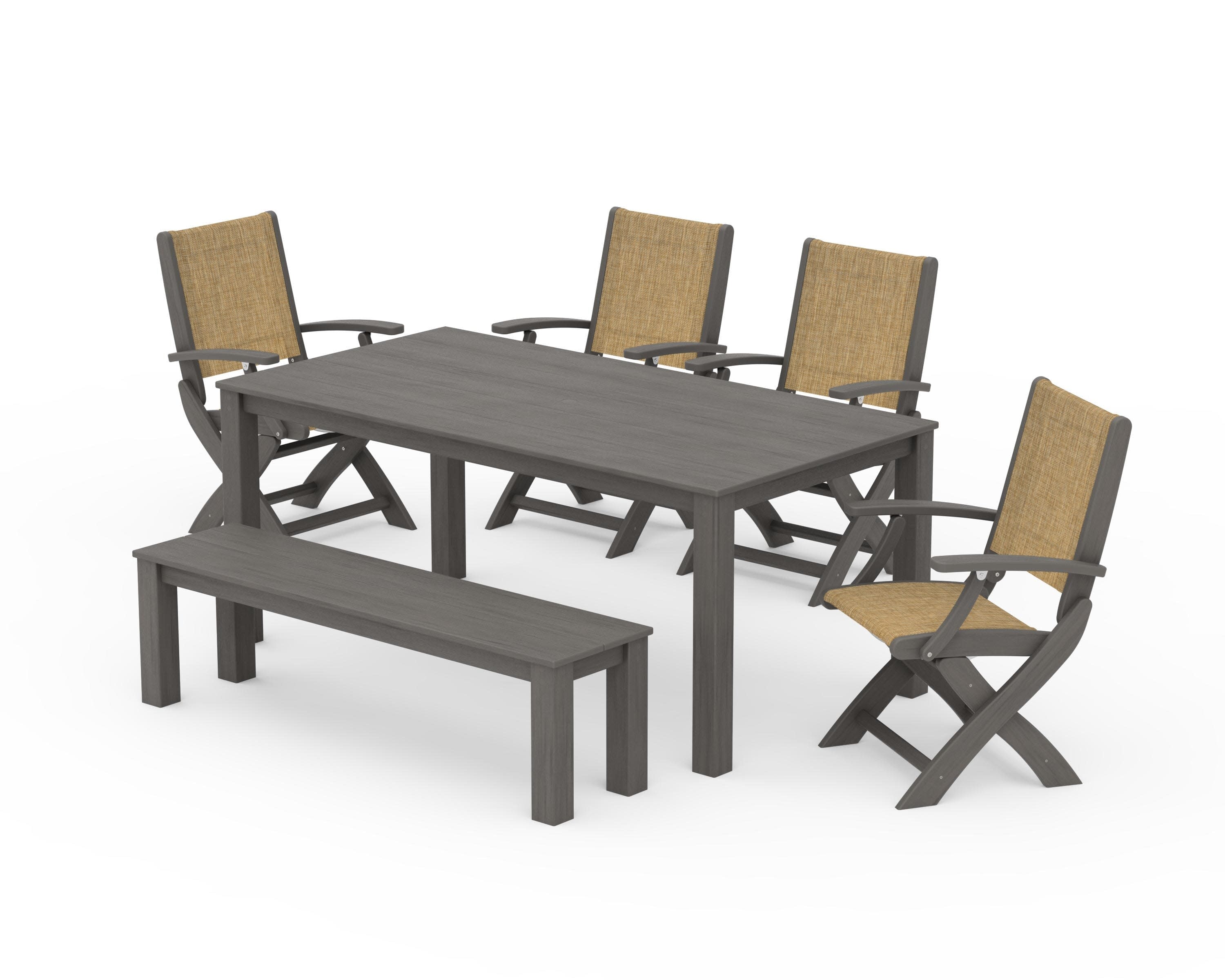 Coastal Folding Chair 6-Piece Parsons Dining Set with Bench in Driftwood / Burlap Sling