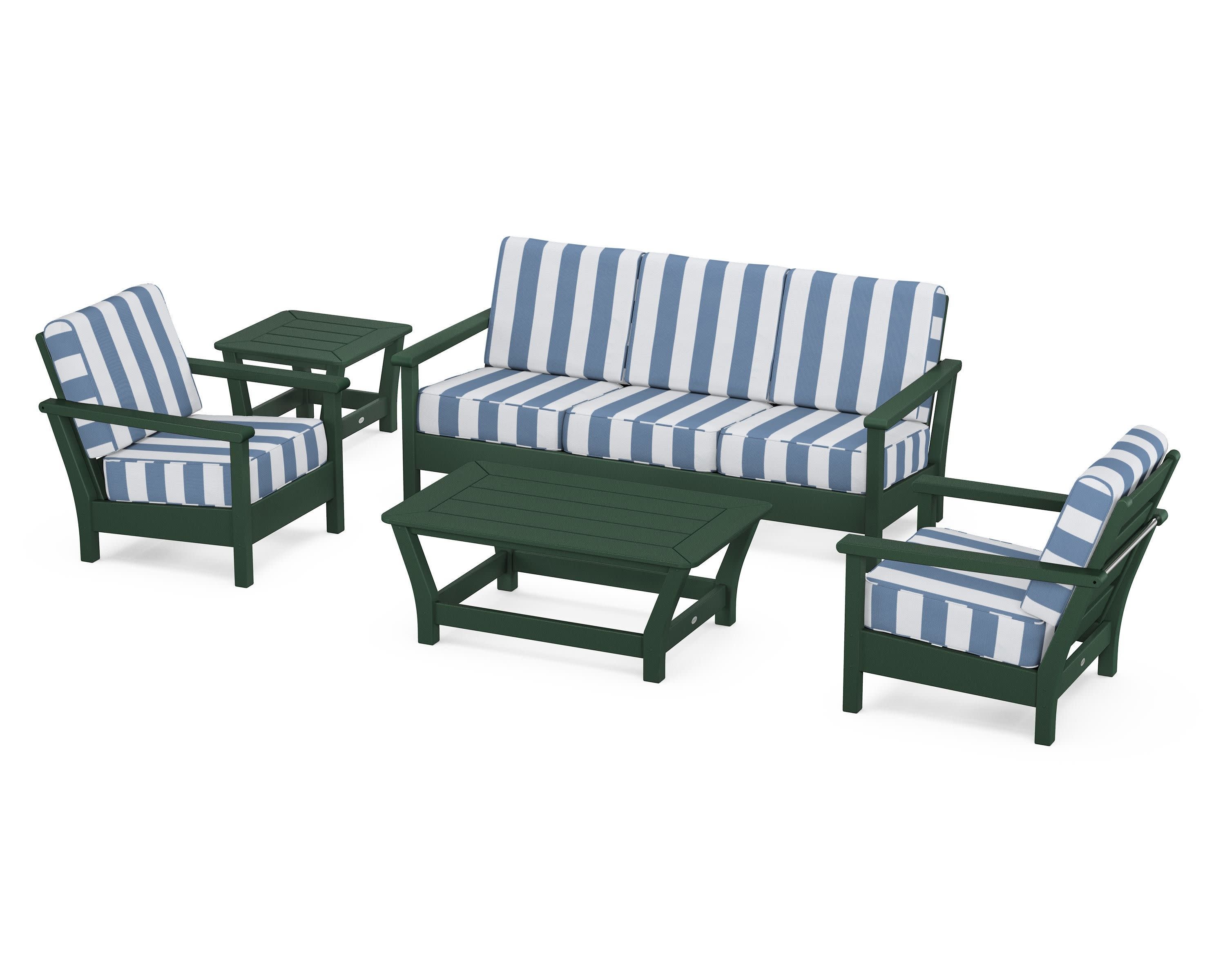Harbour 5-Piece Deep Seating Set in Green / Cabana Stripe Sky Blue