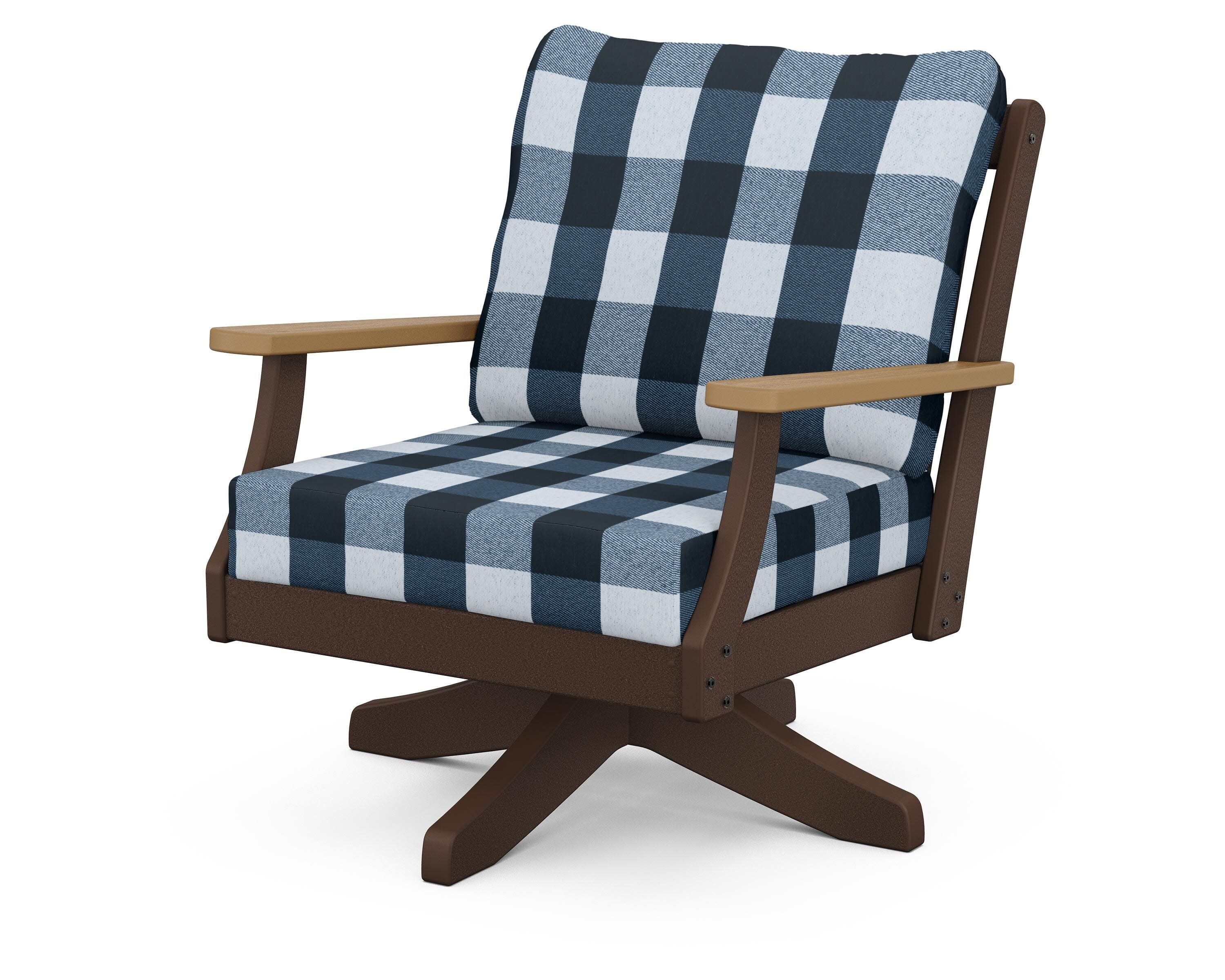Braxton Deep Seating Swivel Chair in Mahogany / Natural / Buffalo Plaid Marine Indigo