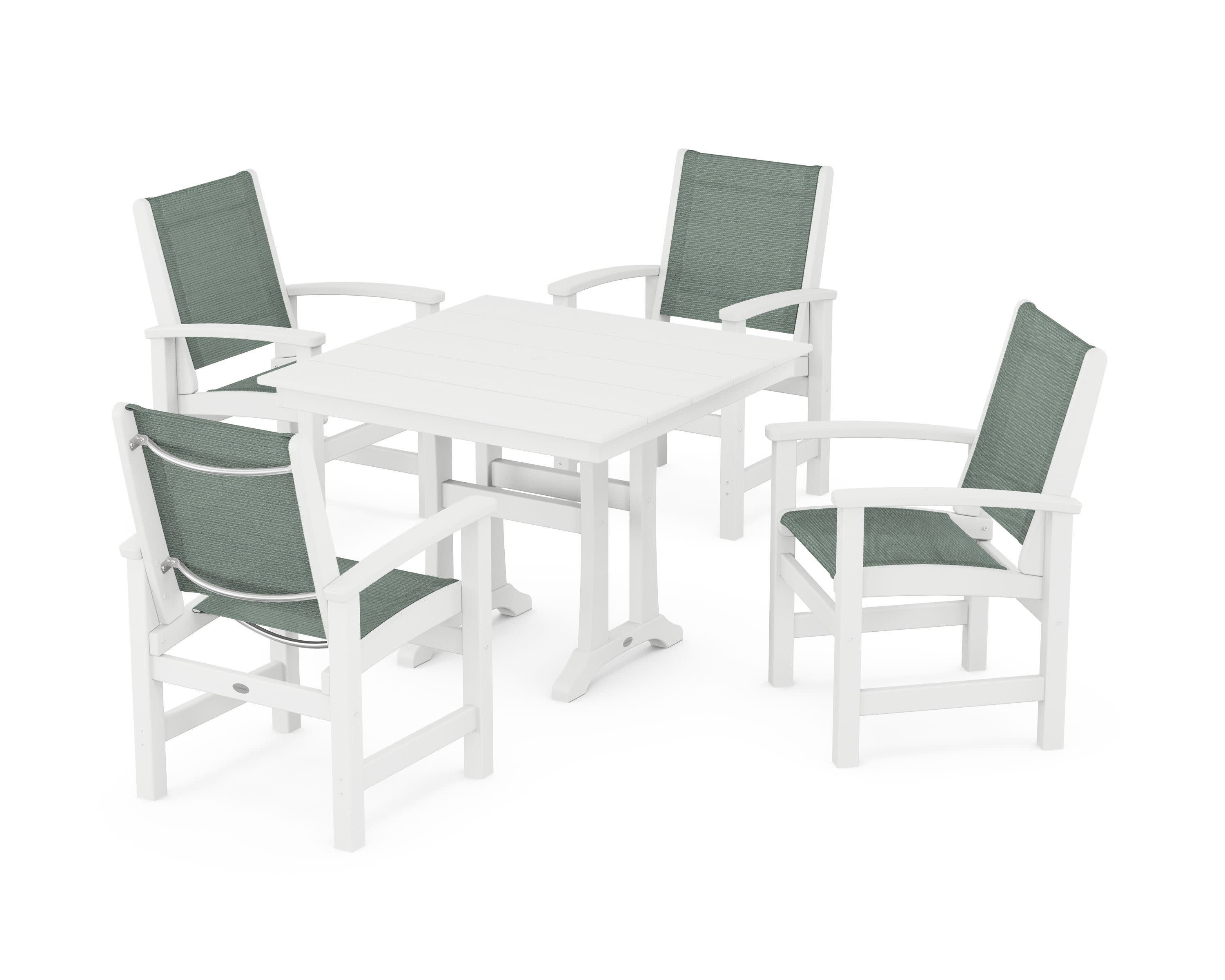 Coastal 5-Piece Farmhouse Dining Set With Trestle Legs in White / Dupioni Sea Mist Sling