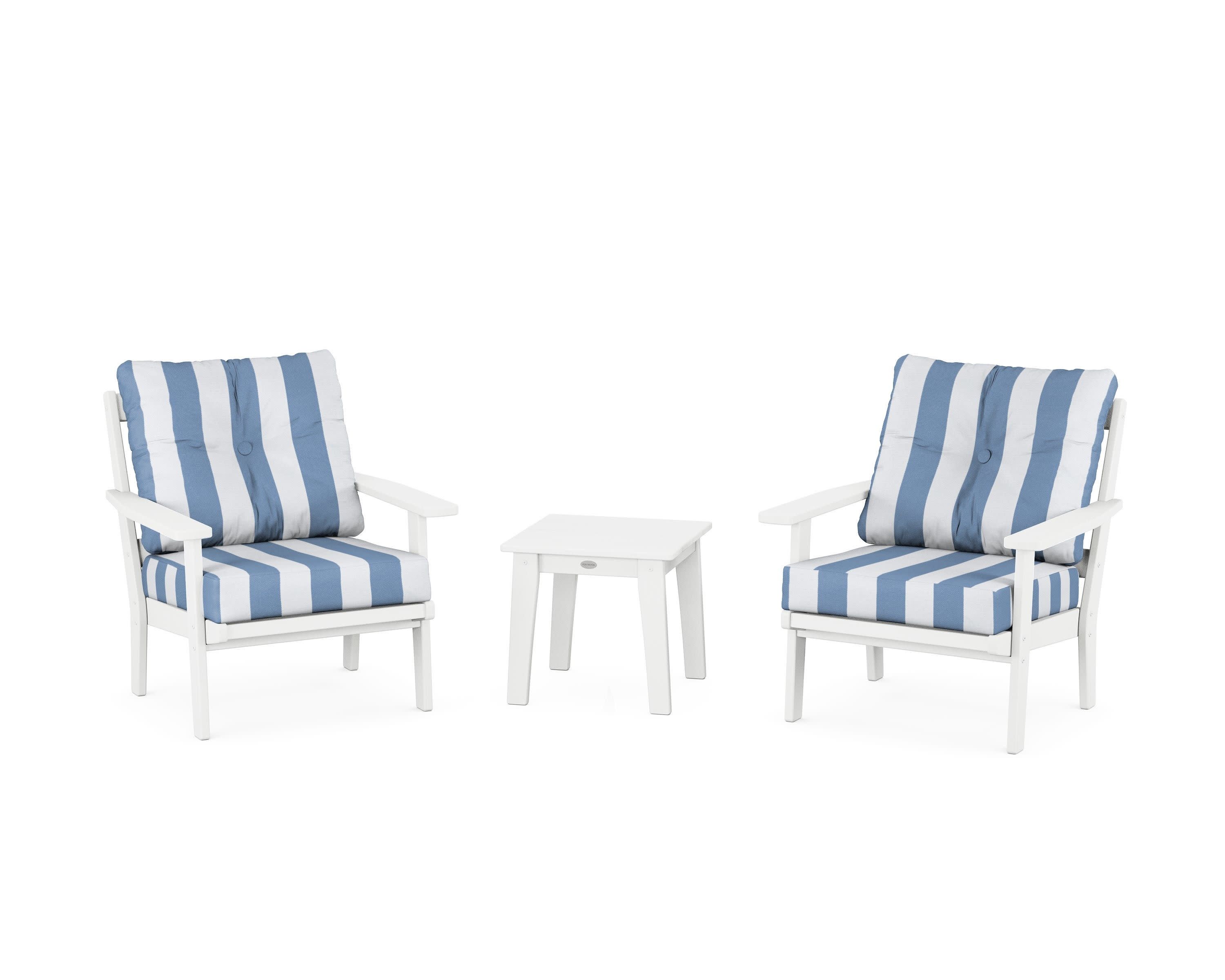 Oxford 3-Piece Deep Seating Set in White / Cabana Stripe Sky Blue