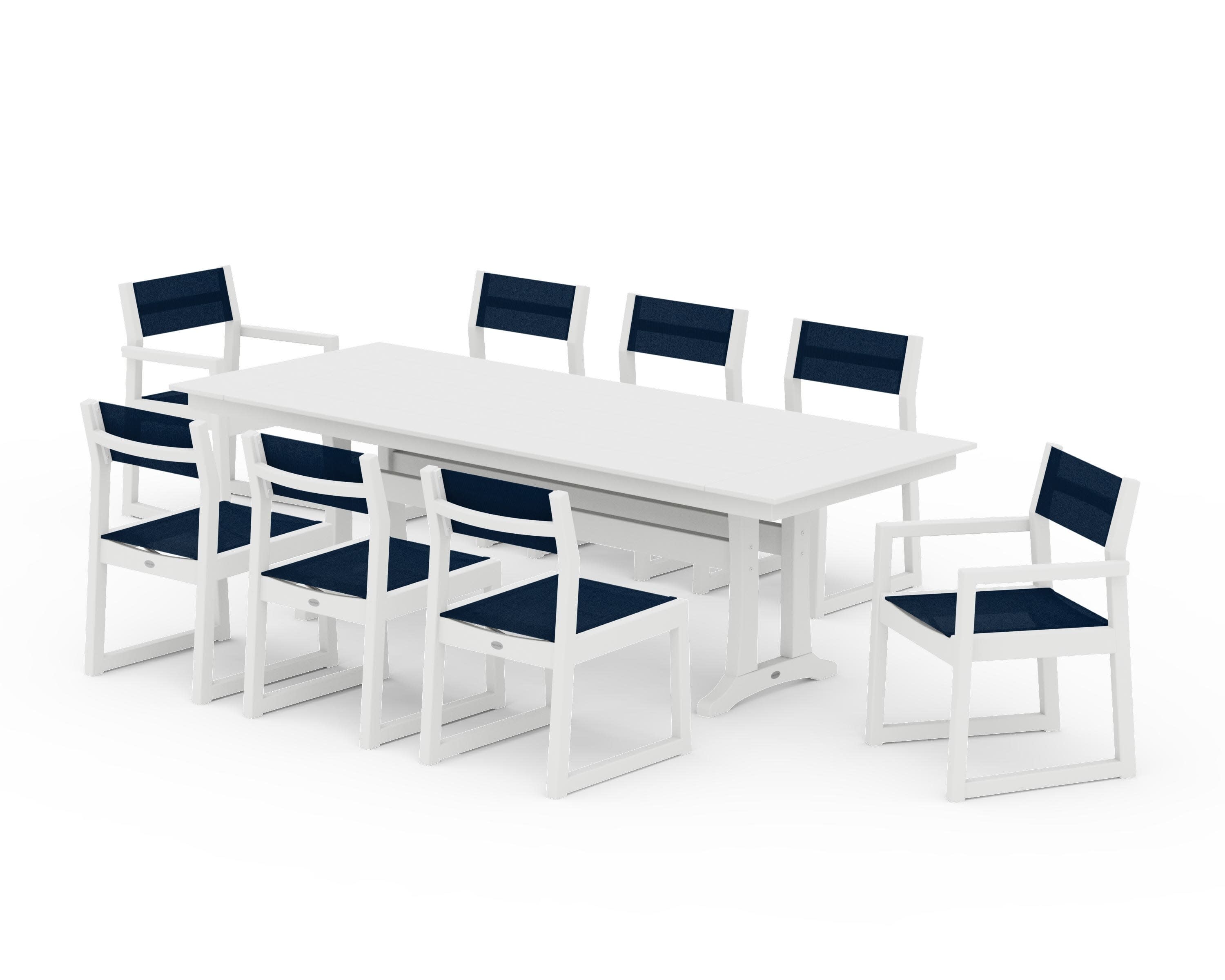 EDGE Sling 9-Piece Farmhouse Trestle Dining Set in White / Navy Blue Sling
