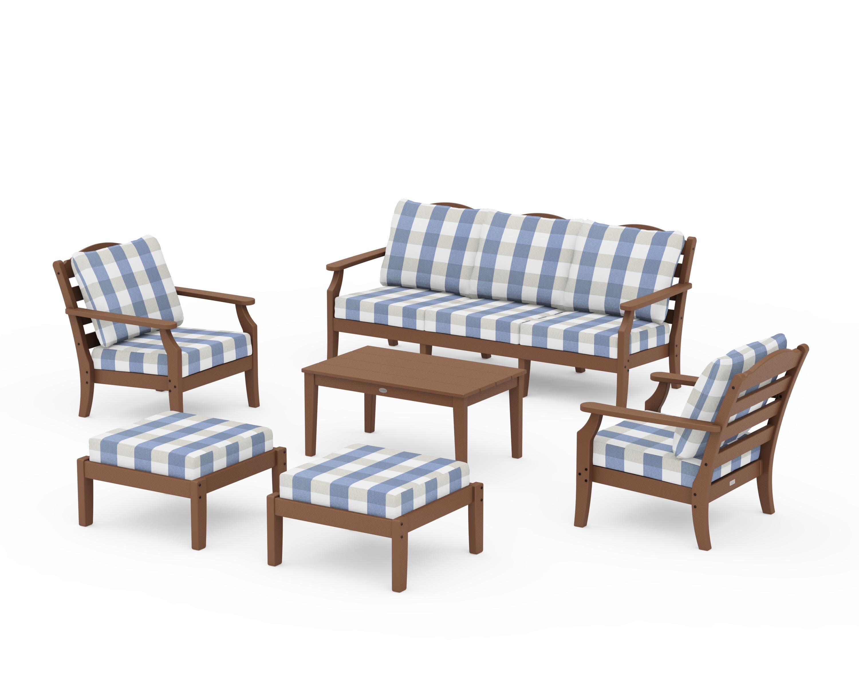 Savannah 6-Piece Lounge Sofa Set in Teak / Buffalo Plaid Sky Blue