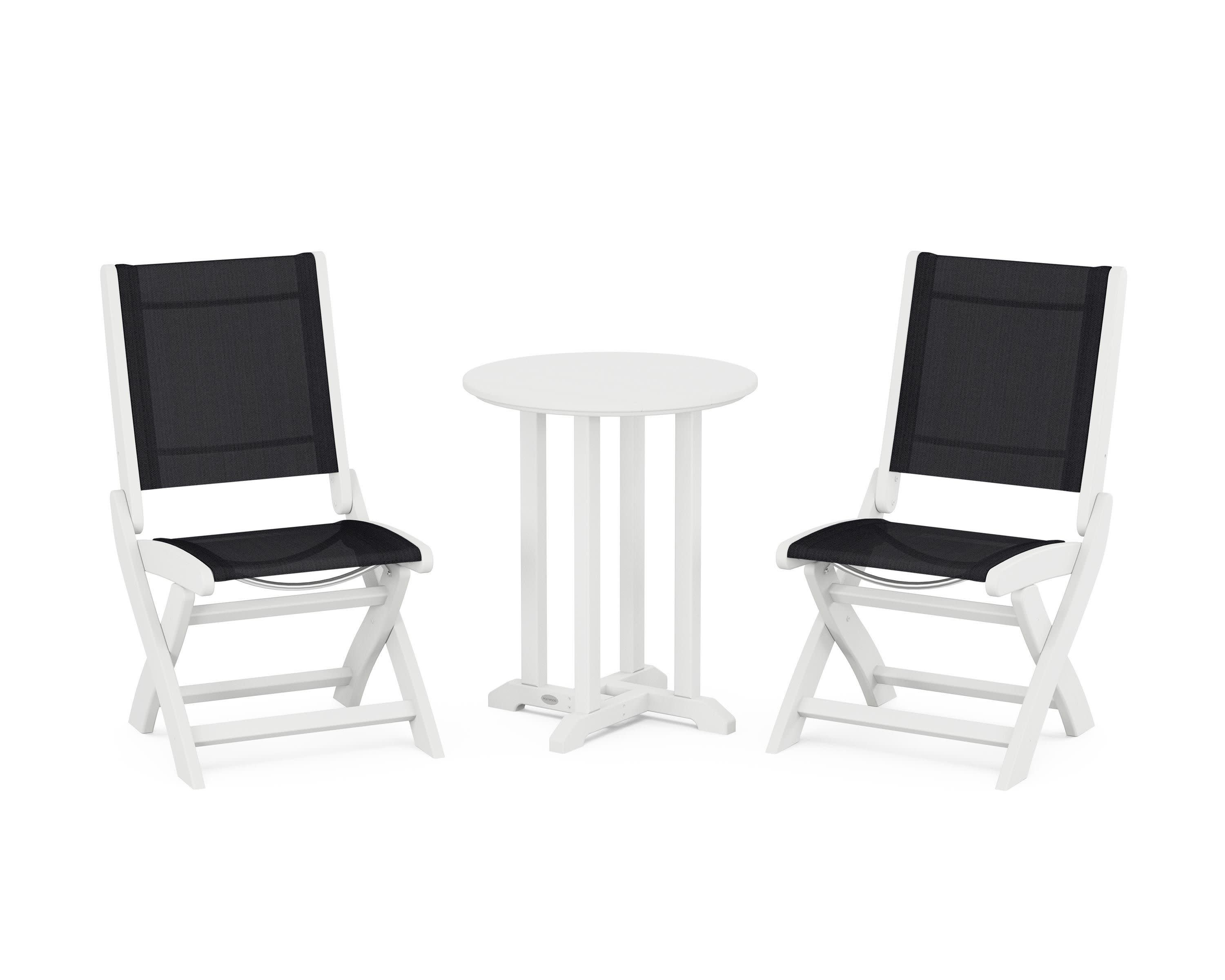 Coastal Folding Side Chair 3-Piece Round Bistro Dining Set in White / Black Sling