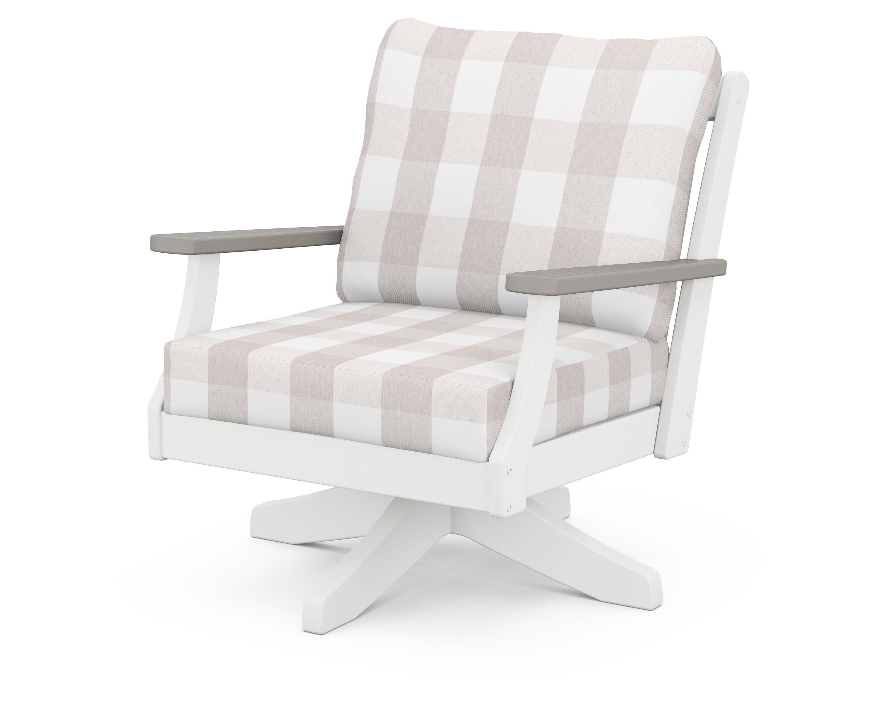 Braxton Deep Seating Swivel Chair in White / Driftwood / Buffalo Plaid Dune Burlap