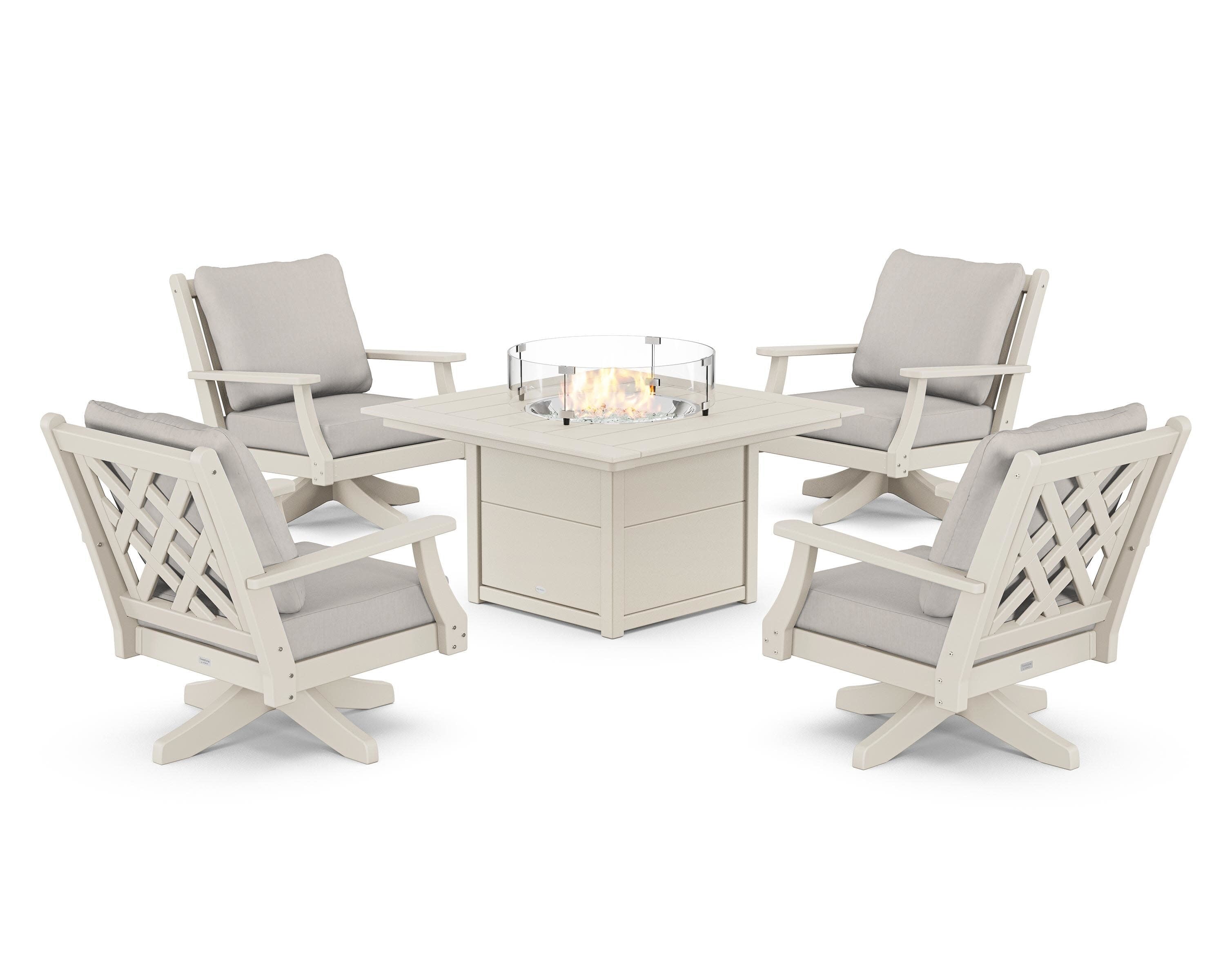 Wovendale 5-Piece Deep Seating Swivel Conversation Set with Fire Pit Table in Sand / Cast Ash