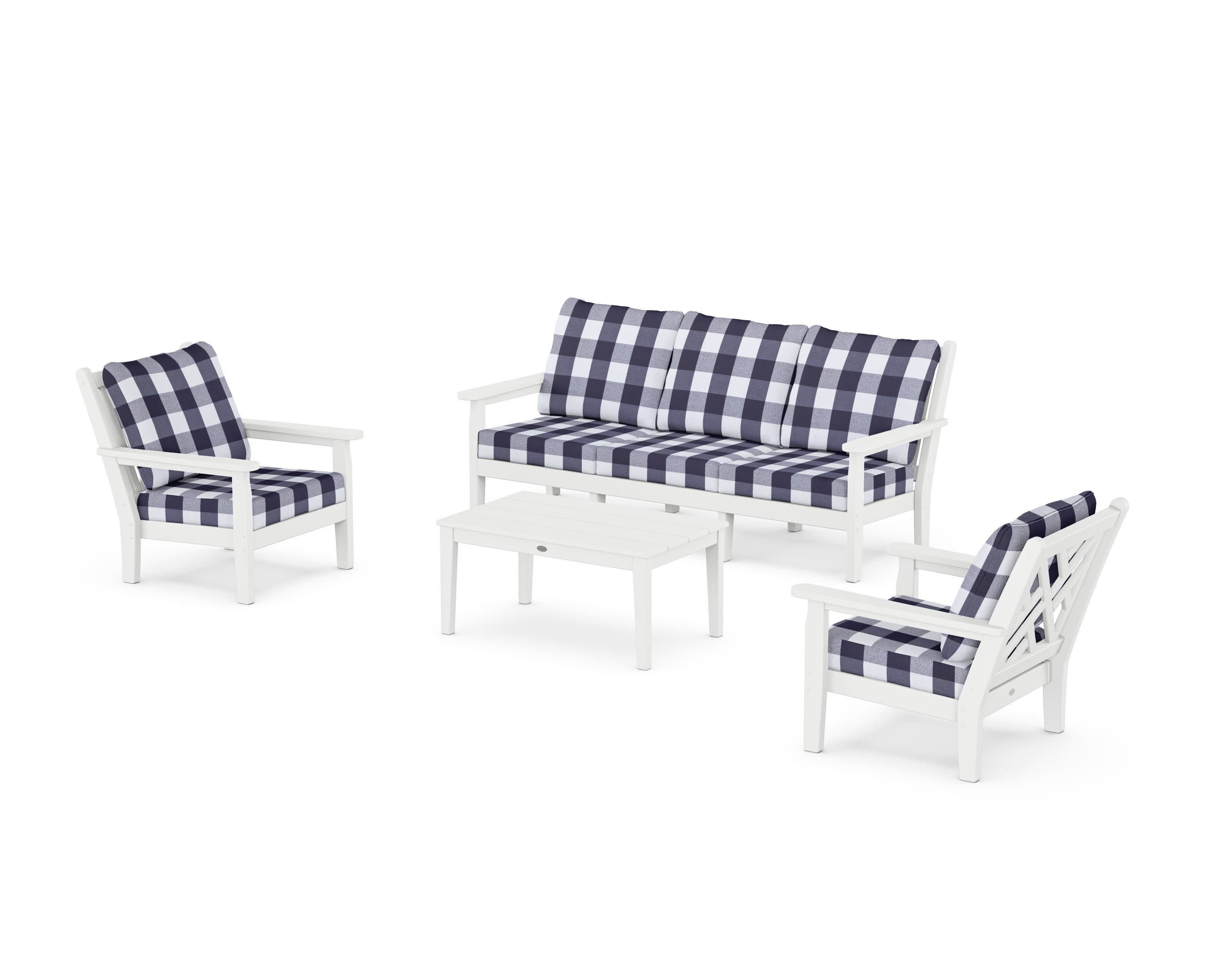 Chippendale 4-Piece Deep Seating Set with Sofa in White / Buffalo Plaid Navy