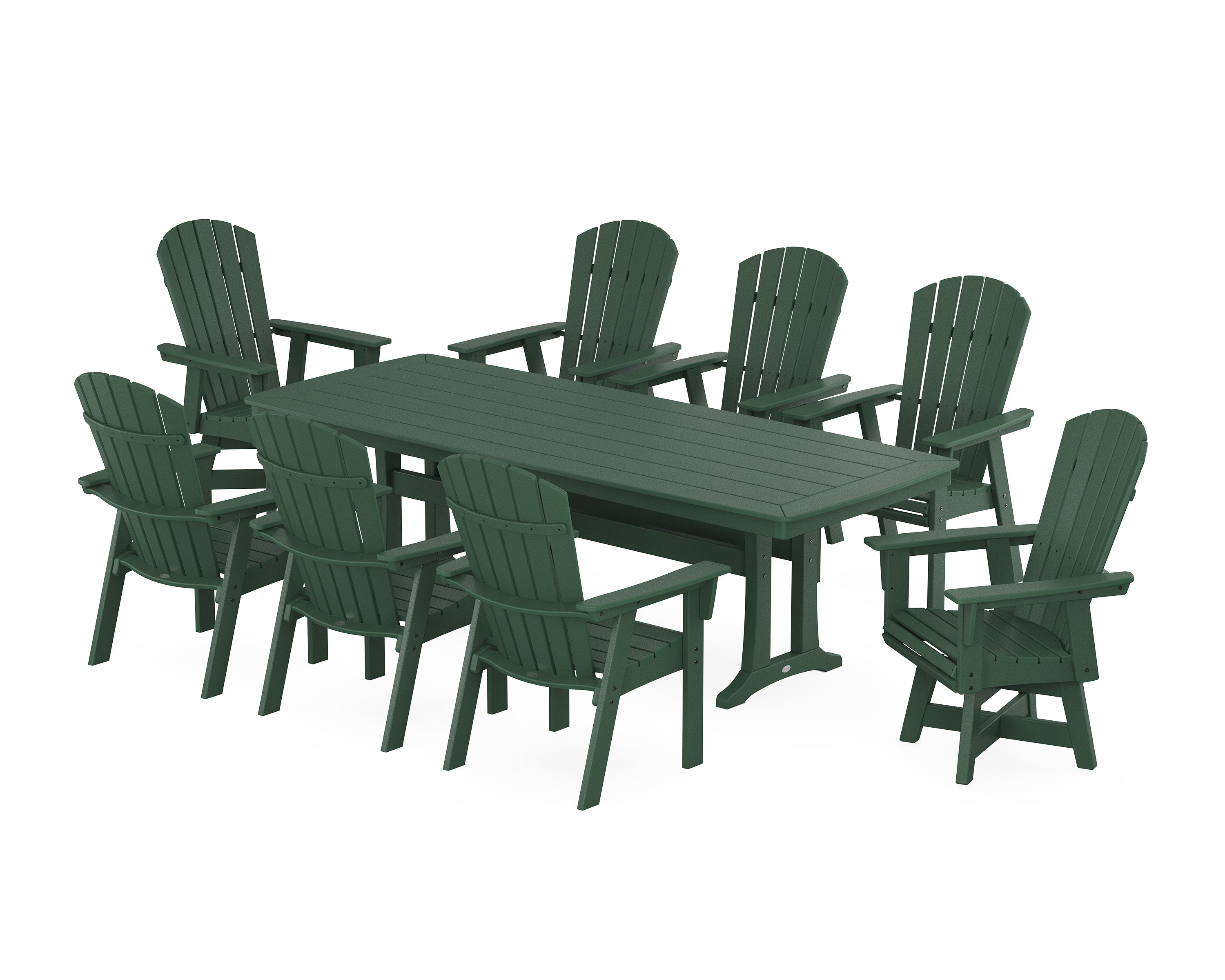 Nautical Curveback Adirondack Swivel 9-Piece Dining Set with Trestle Legs in Green
