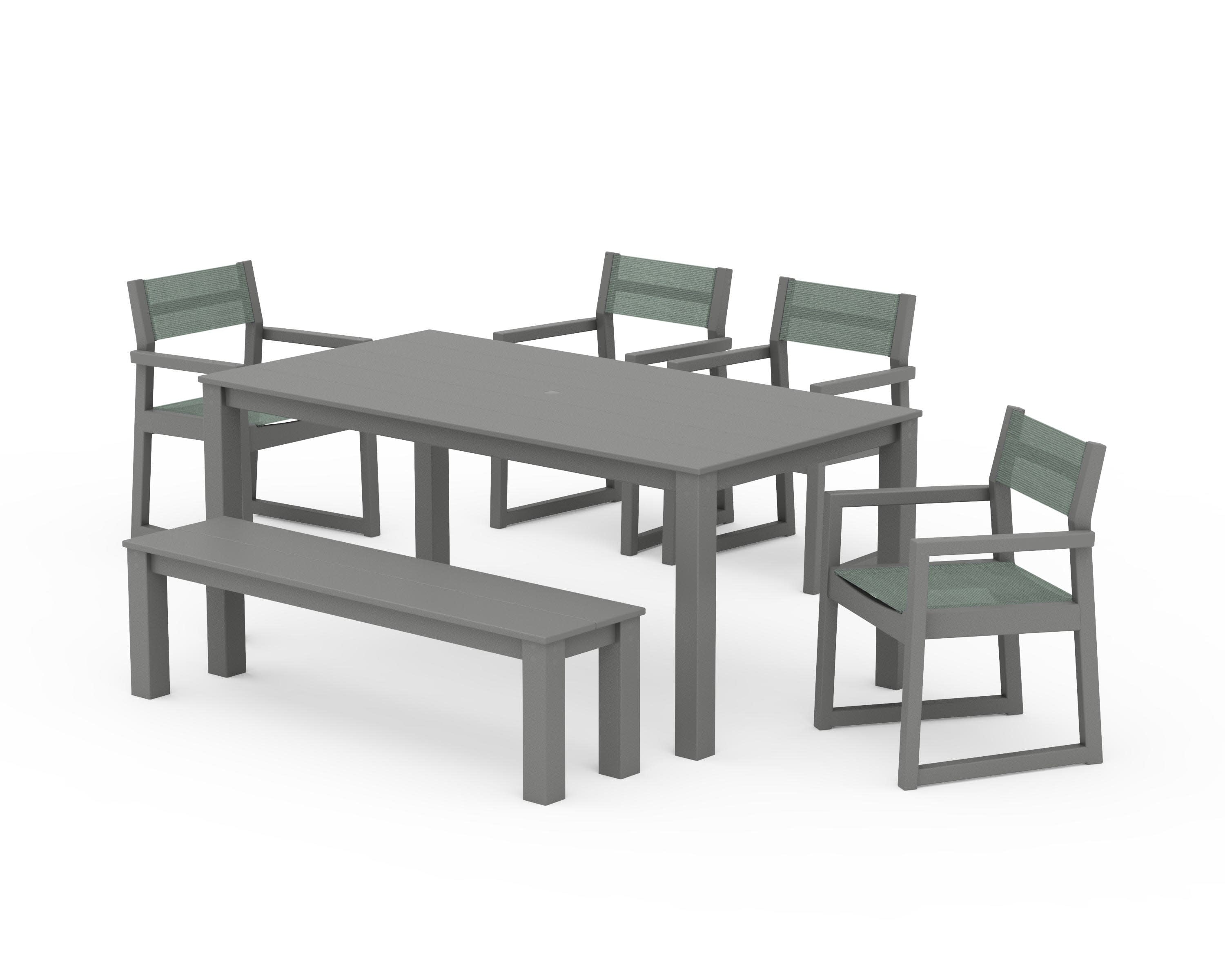 EDGE Sling Arm Chair 6-Piece Parsons Dining Set with Bench in Slate Grey / Dupioni Sea Mist Sling