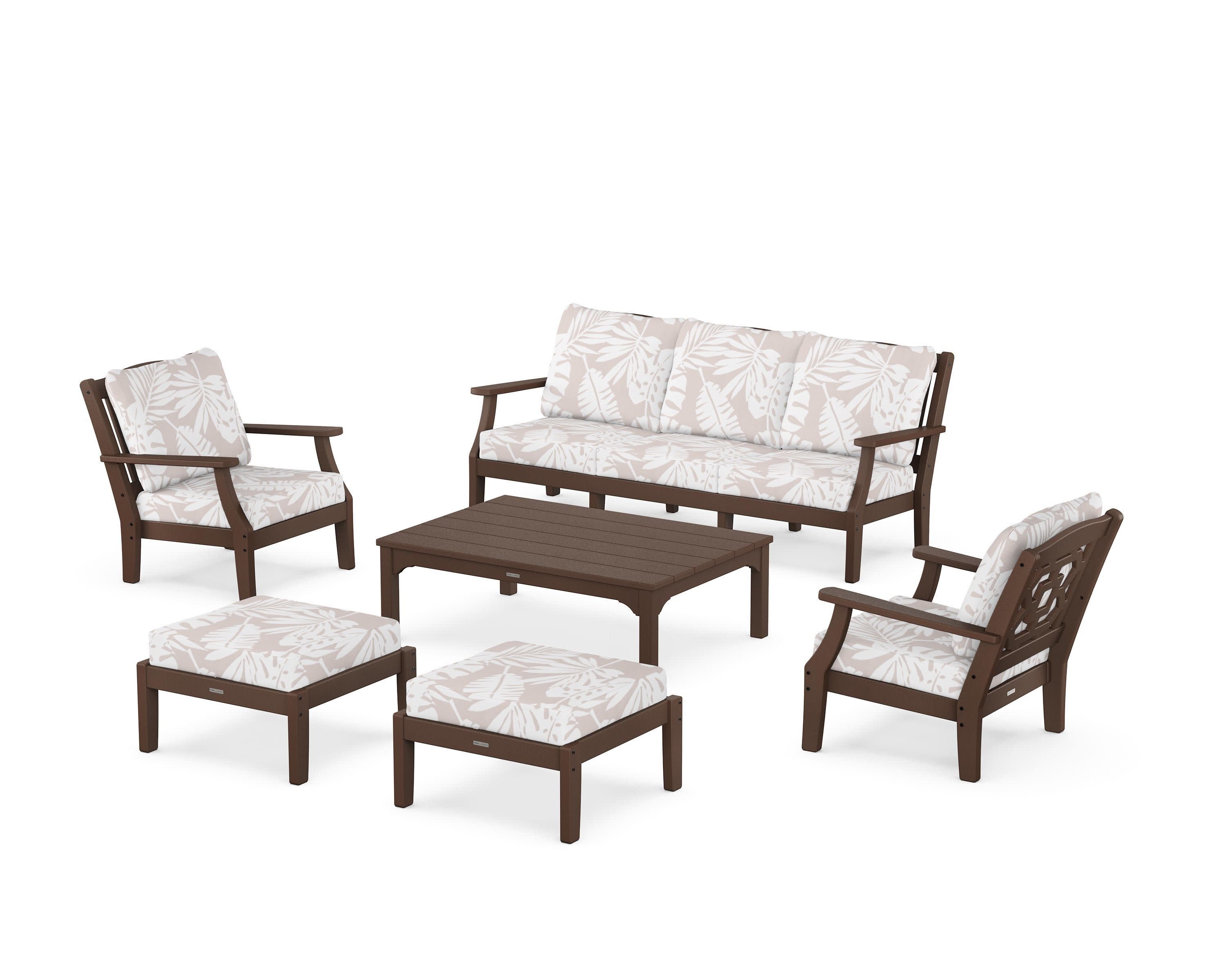 Chinoiserie 6-Piece Lounge Sofa Set in Mahogany / Leaf Dune Burlap