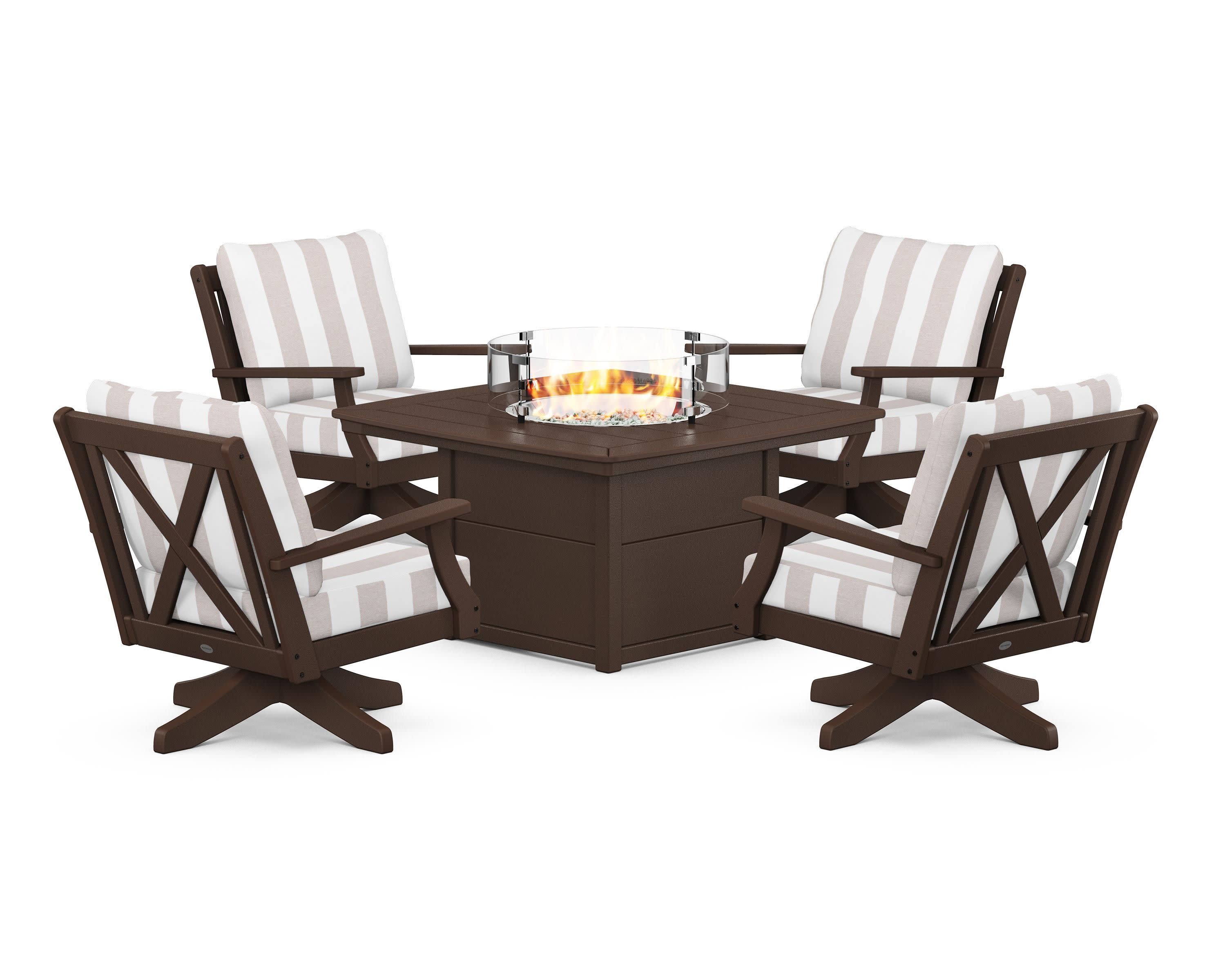 Braxton 5-Piece Deep Seating Swivel Conversation Set with Fire Pit Table in Mahogany / Cabana Stripe Dune Burlap