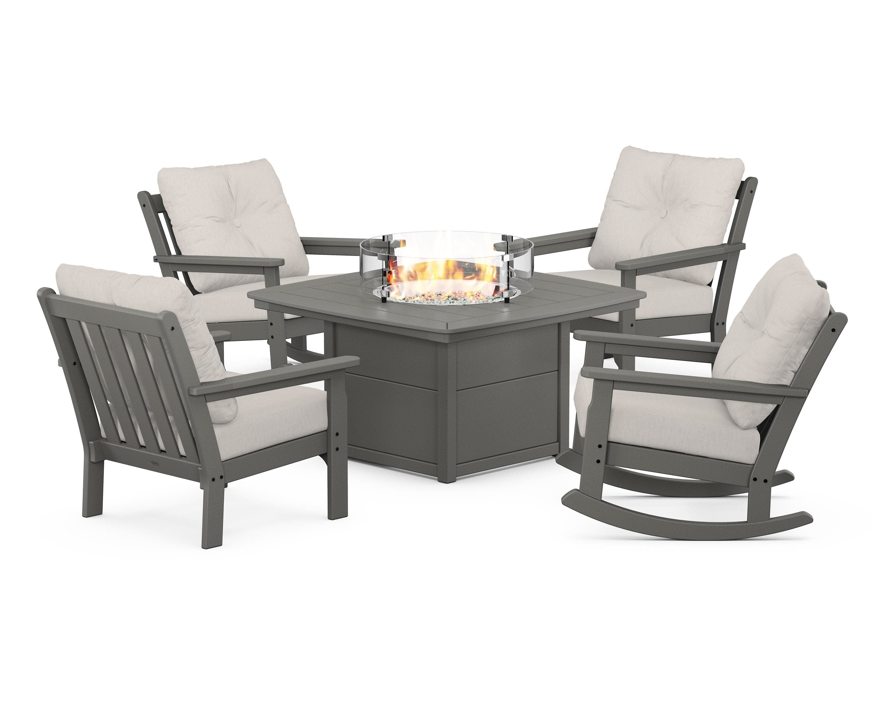 Vineyard 5-Piece Deep Seating Rocking Chair Conversation Set with Fire Pit Table in Slate Grey / Cast Ash