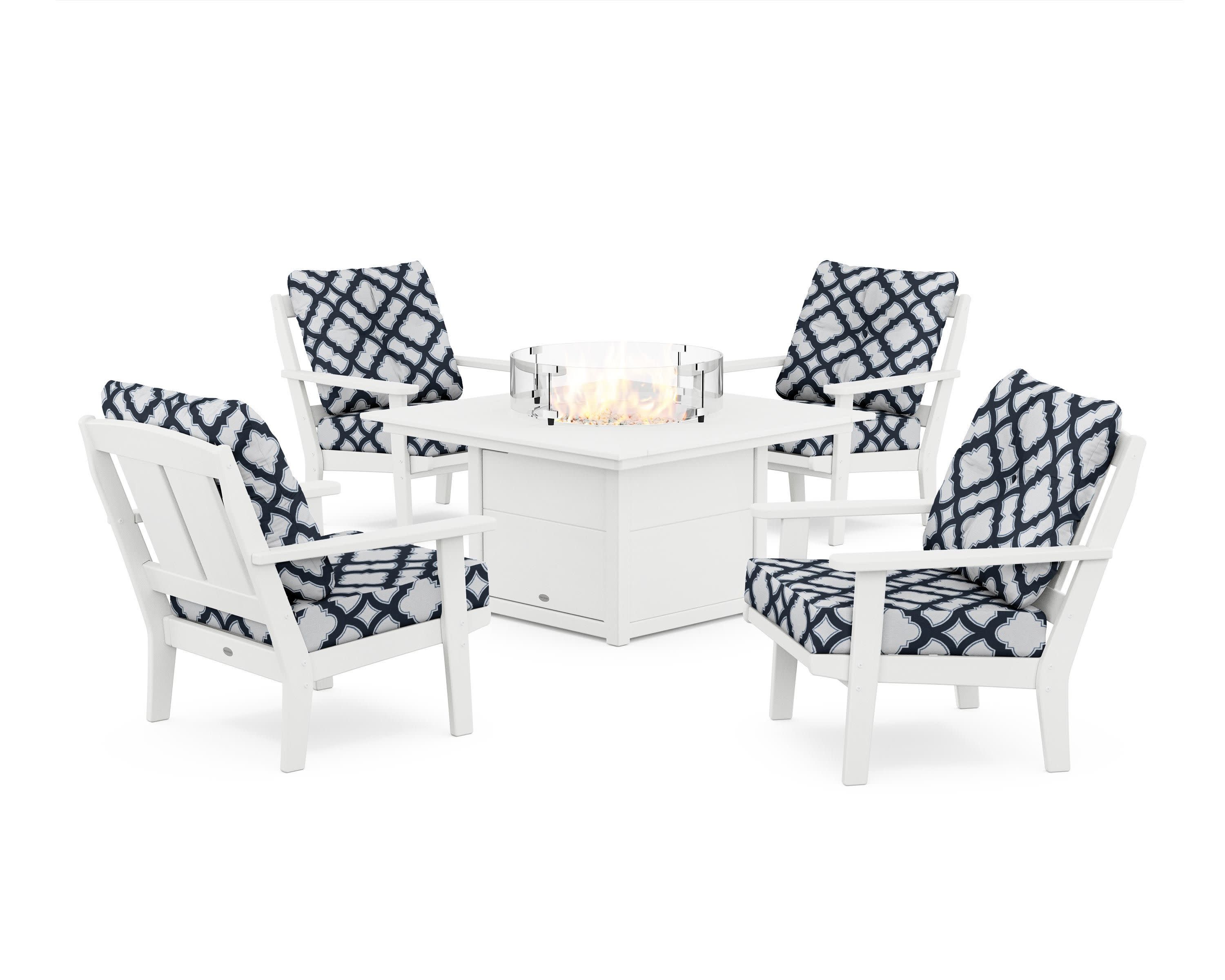 Mission 5-Piece Deep Seating Set with Fire Pit Table in White / Trellis Marine Indigo