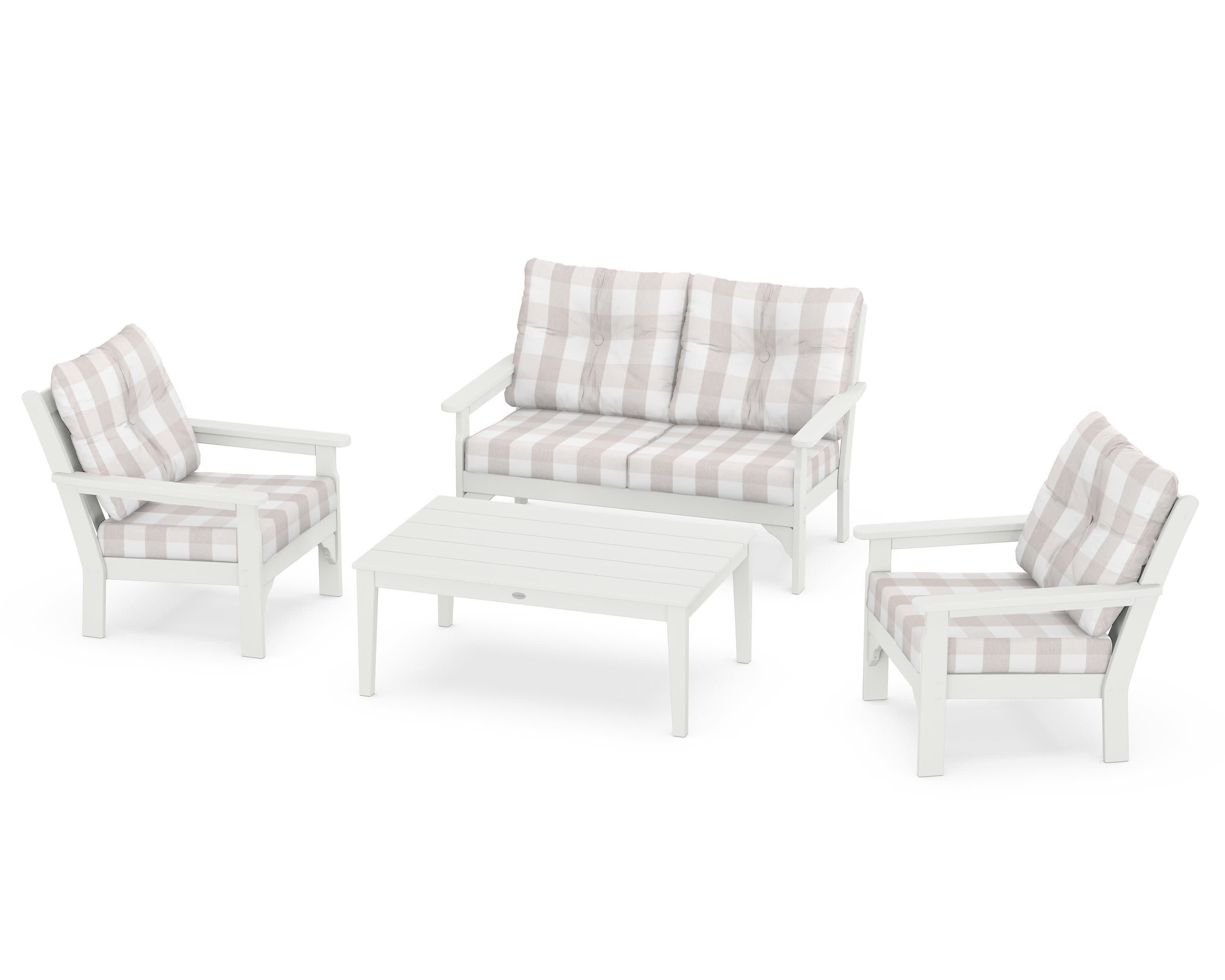Vineyard 4-Piece Deep Seating Set in Vintage White / Buffalo Plaid Dune Burlap