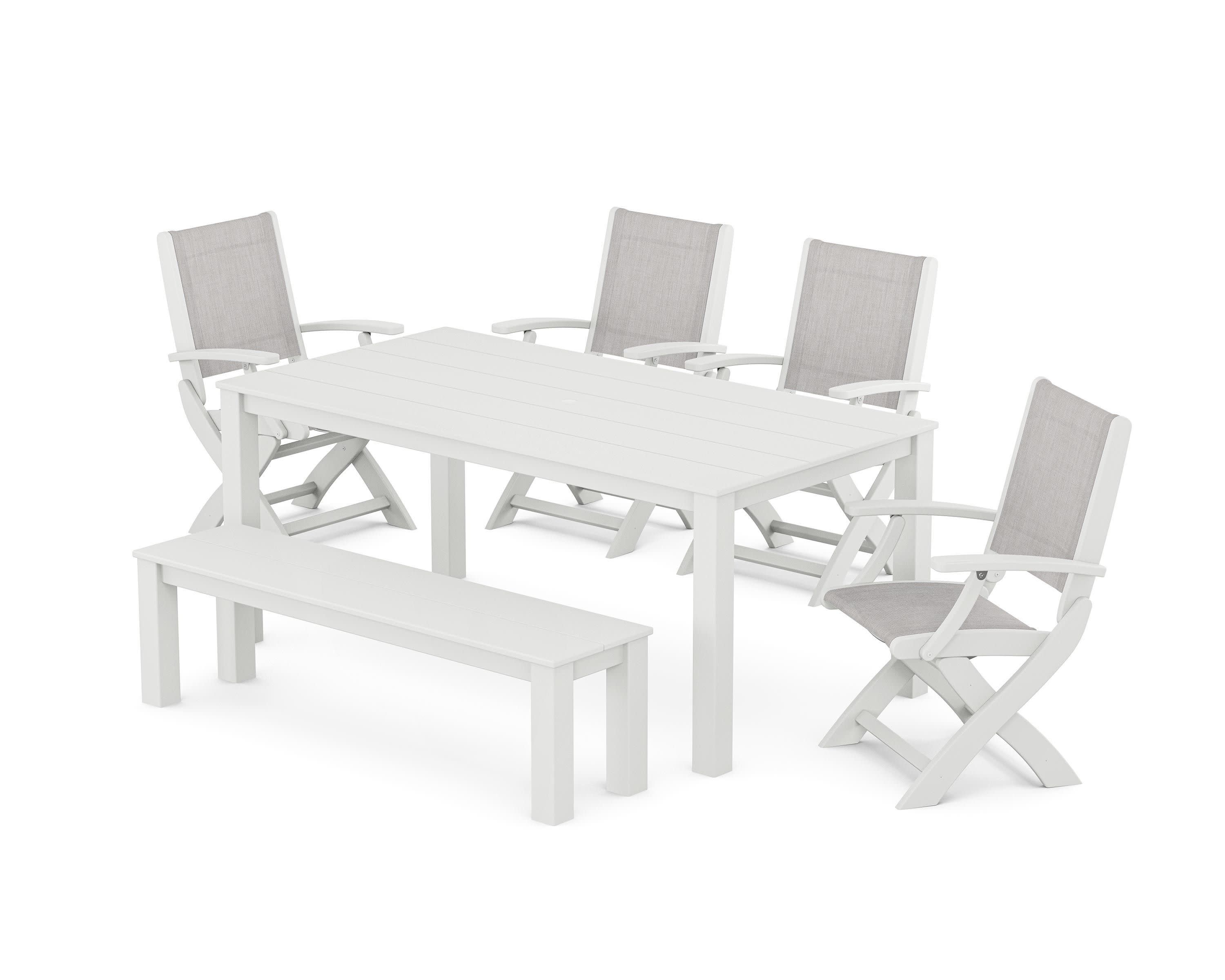 Coastal Folding Chair 6-Piece Parsons Dining Set with Bench in White / Parchment Sling