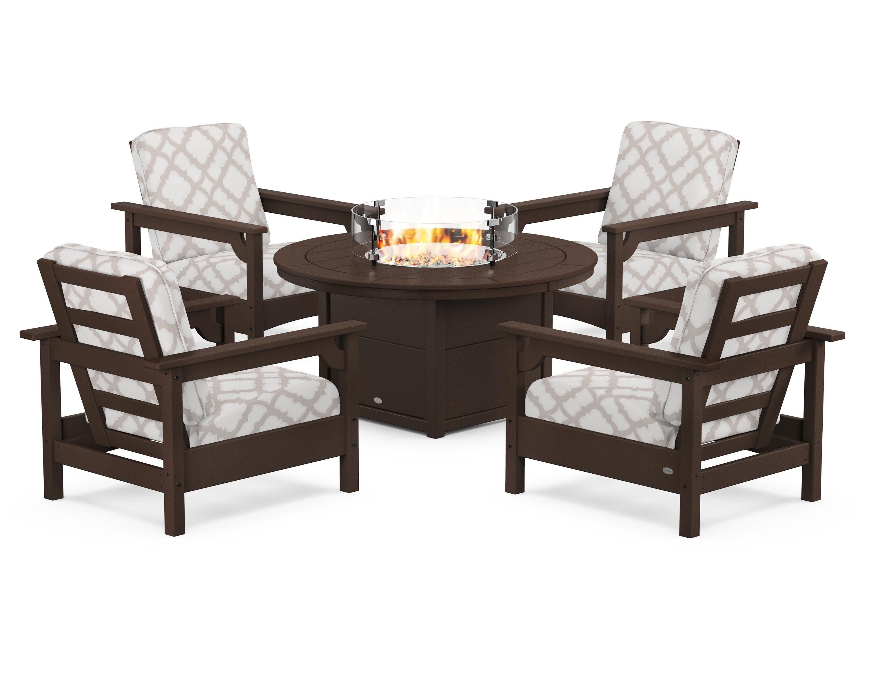 Club 5-Piece Conversation Set with Fire Pit Table in Mahogany / Trellis Dune Burlap