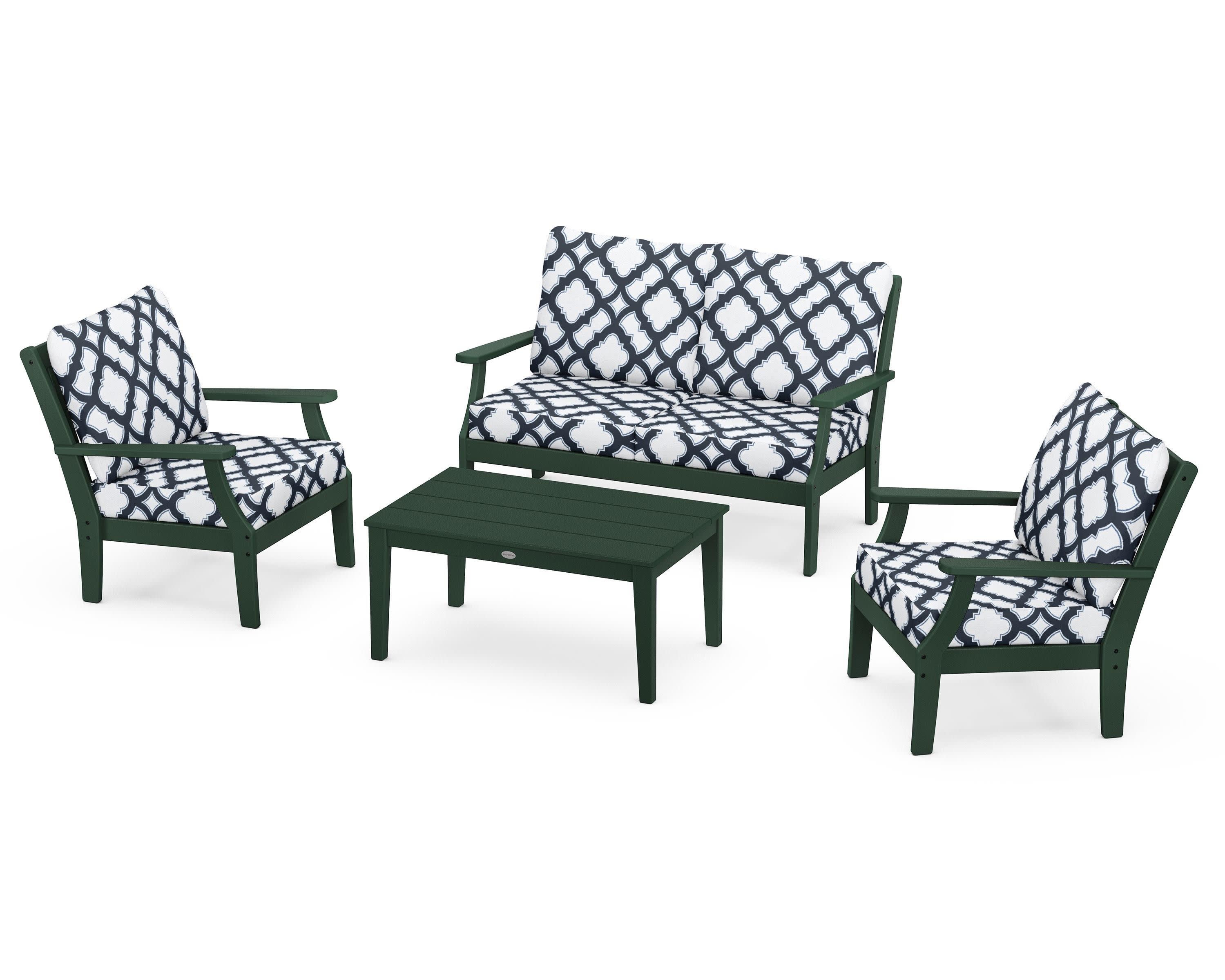 Braxton 4-Piece Deep Seating Chair Set in Green / Trellis Marine Indigo