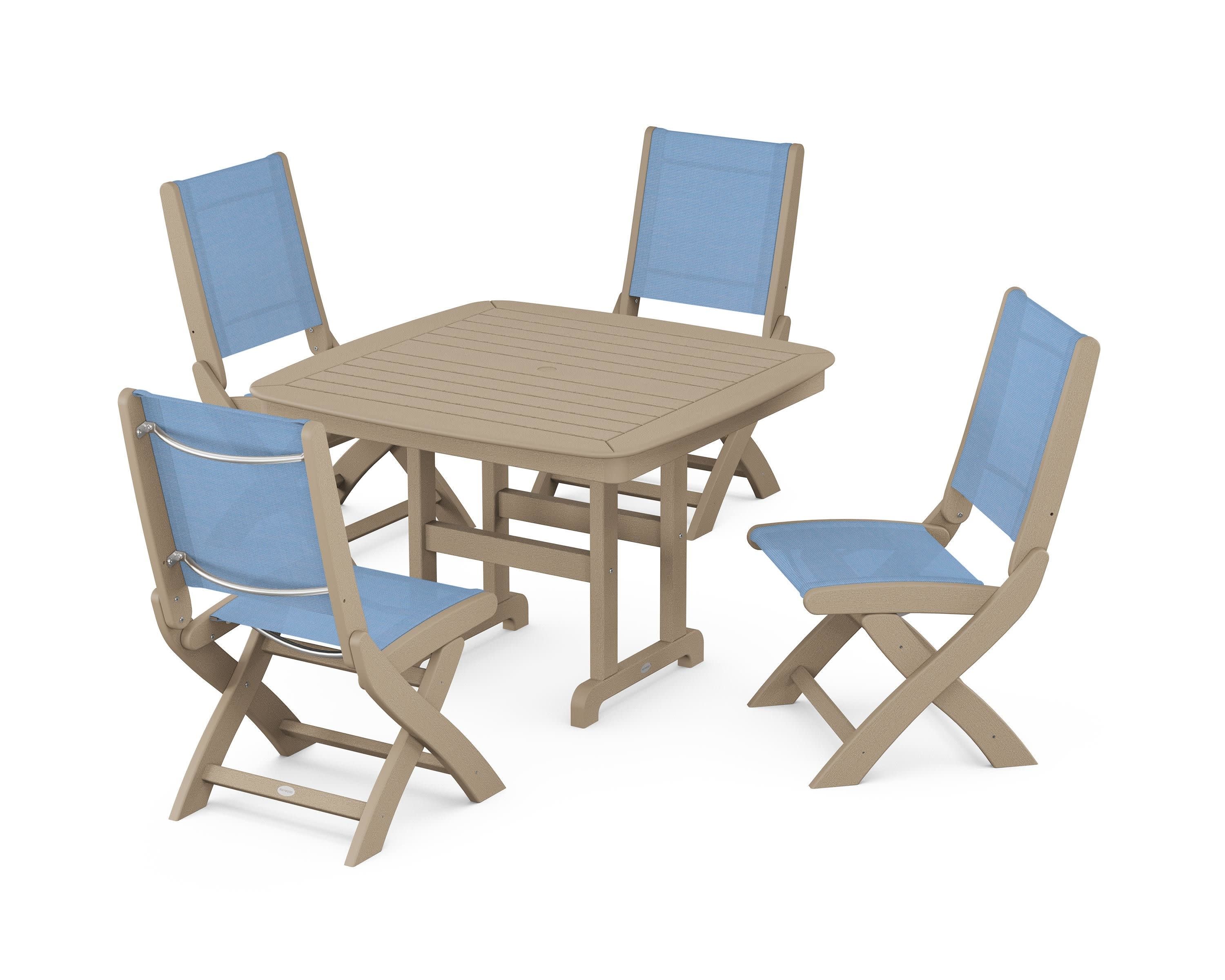 Coastal Folding Side Chair 5-Piece Dining Set in Vintage Sahara / Poolside Sling