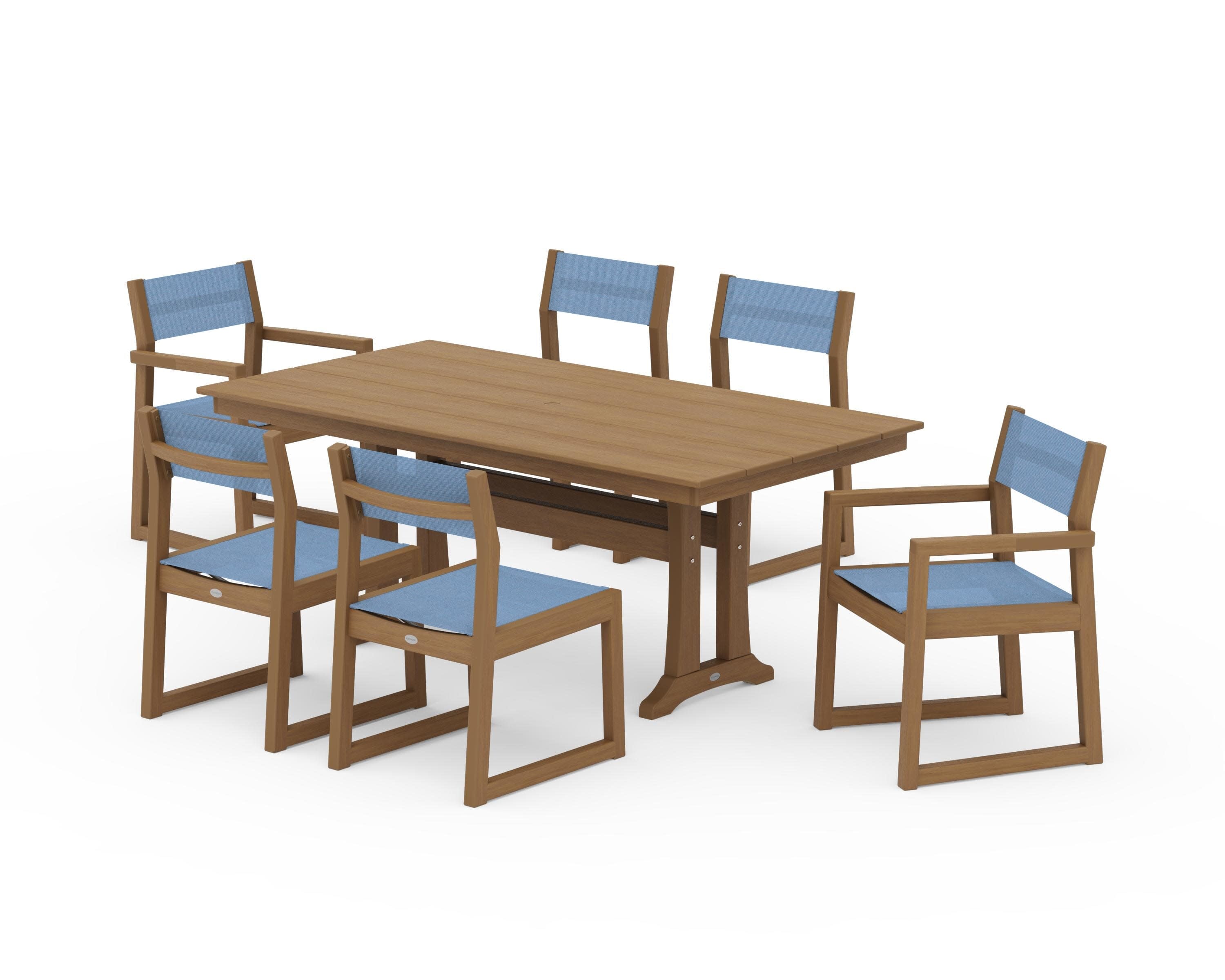 EDGE Sling 7-Piece Farmhouse Trestle Dining Set in Natural / Poolside Sling
