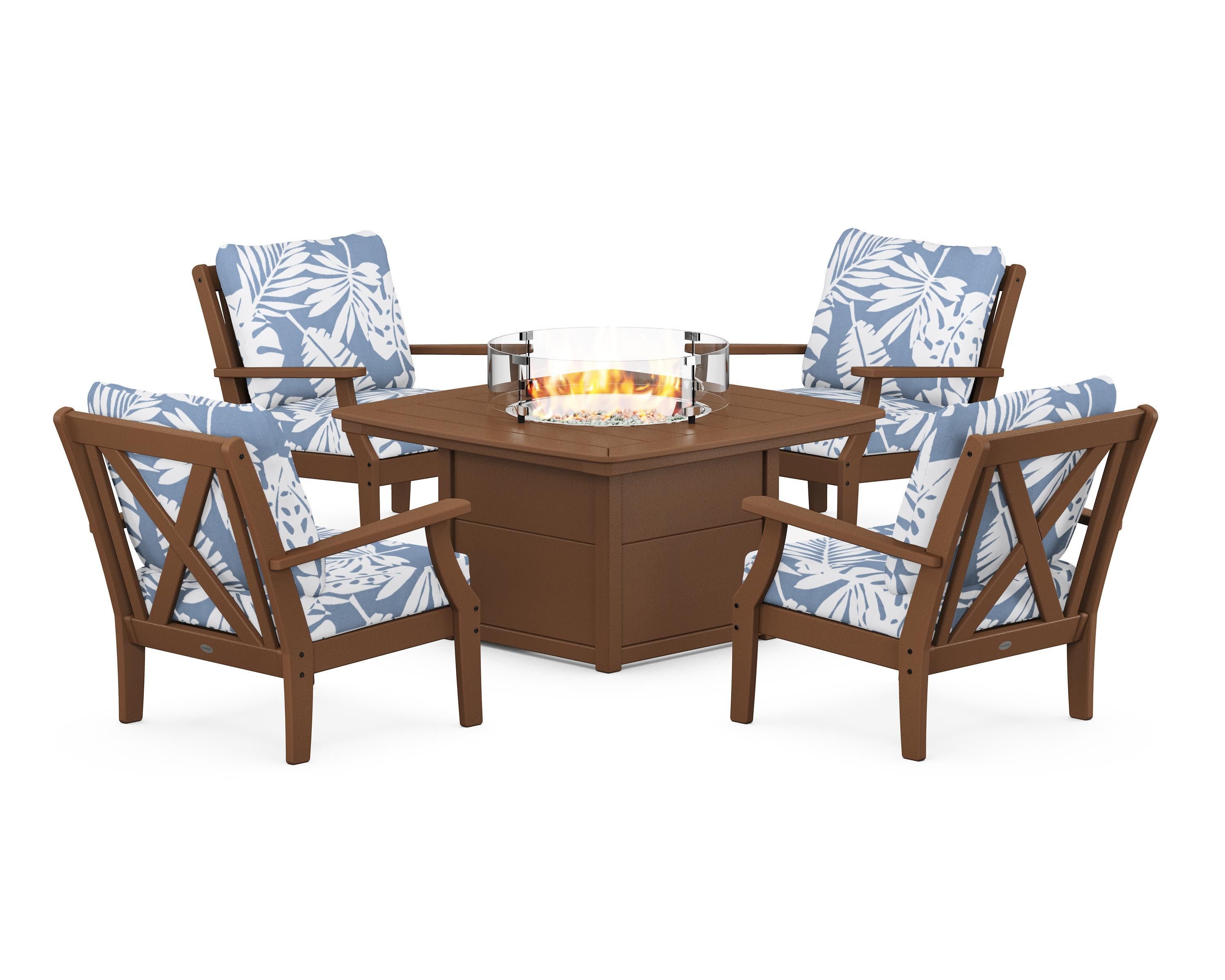 Braxton 5-Piece Deep Seating Conversation Set with Fire Pit Table in Teak / Leaf Sky Blue