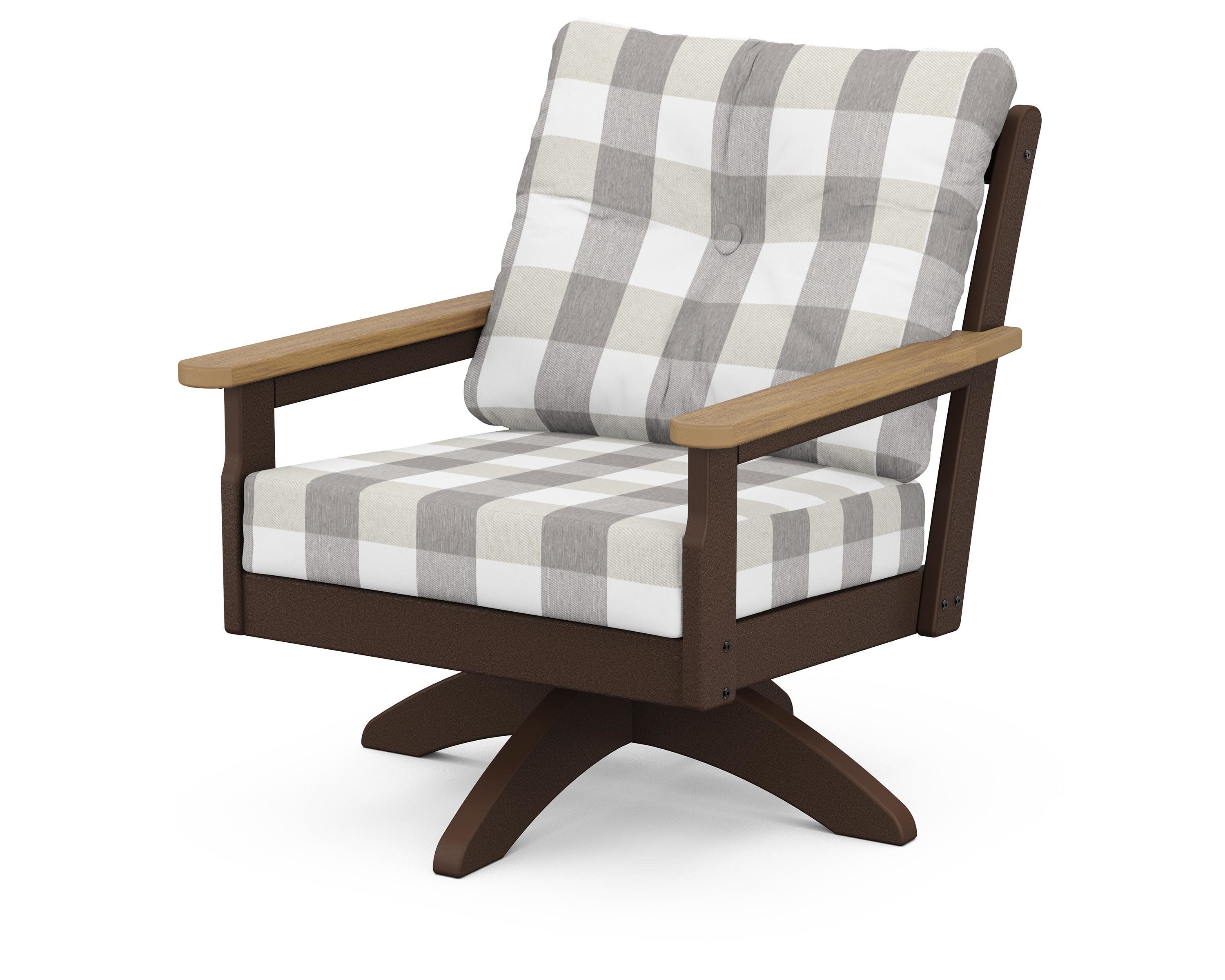 Vineyard Deep Seating Swivel Chair in Mahogany / Natural / Buffalo Plaid Grey Mist