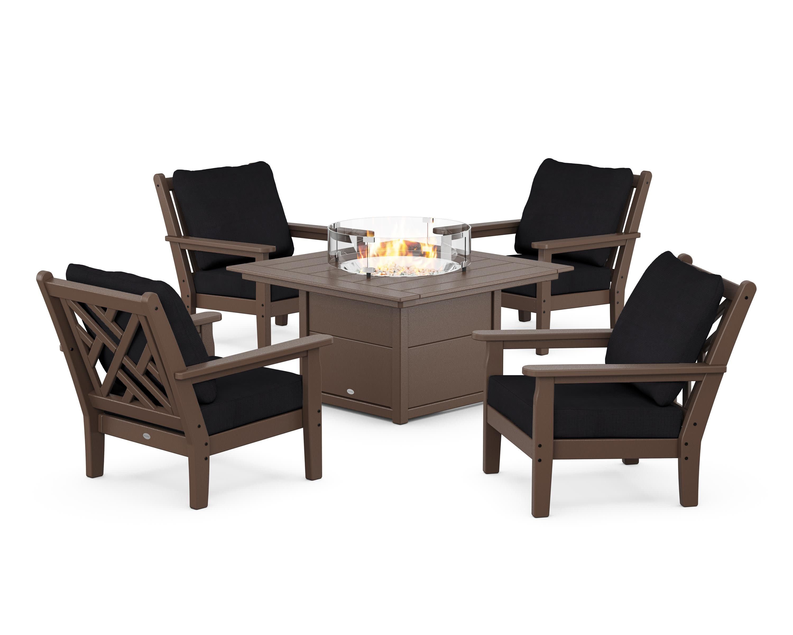 Chippendale 5-Piece Deep Seating Set with Fire Pit Table in Mahogany / Midnight Linen