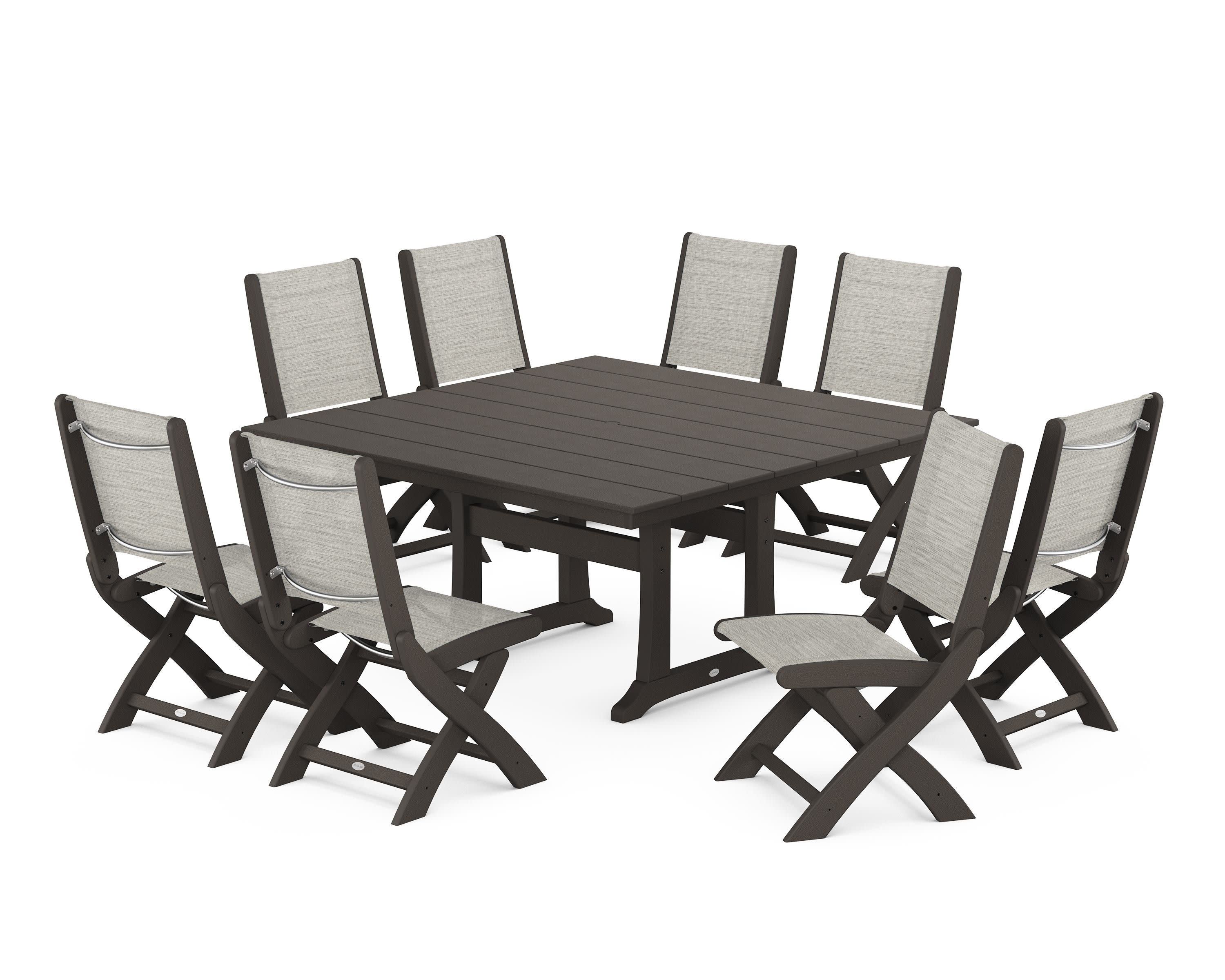 Coastal Folding Side Chair 9-Piece Farmhouse Dining Set in Vintage Coffee / Birch Sling