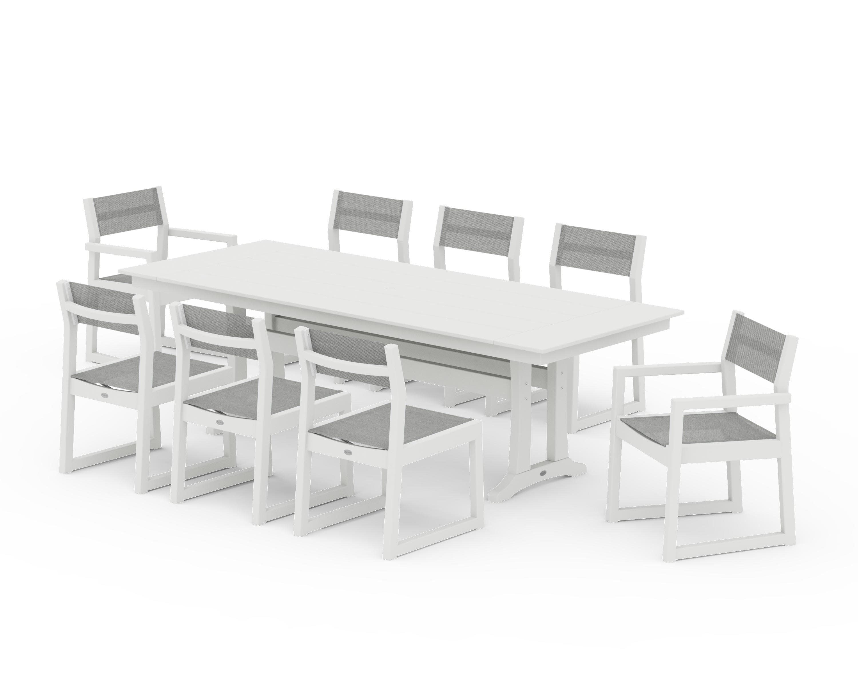EDGE Sling 9-Piece Farmhouse Trestle Dining Set in Vintage White / Metallic Sling