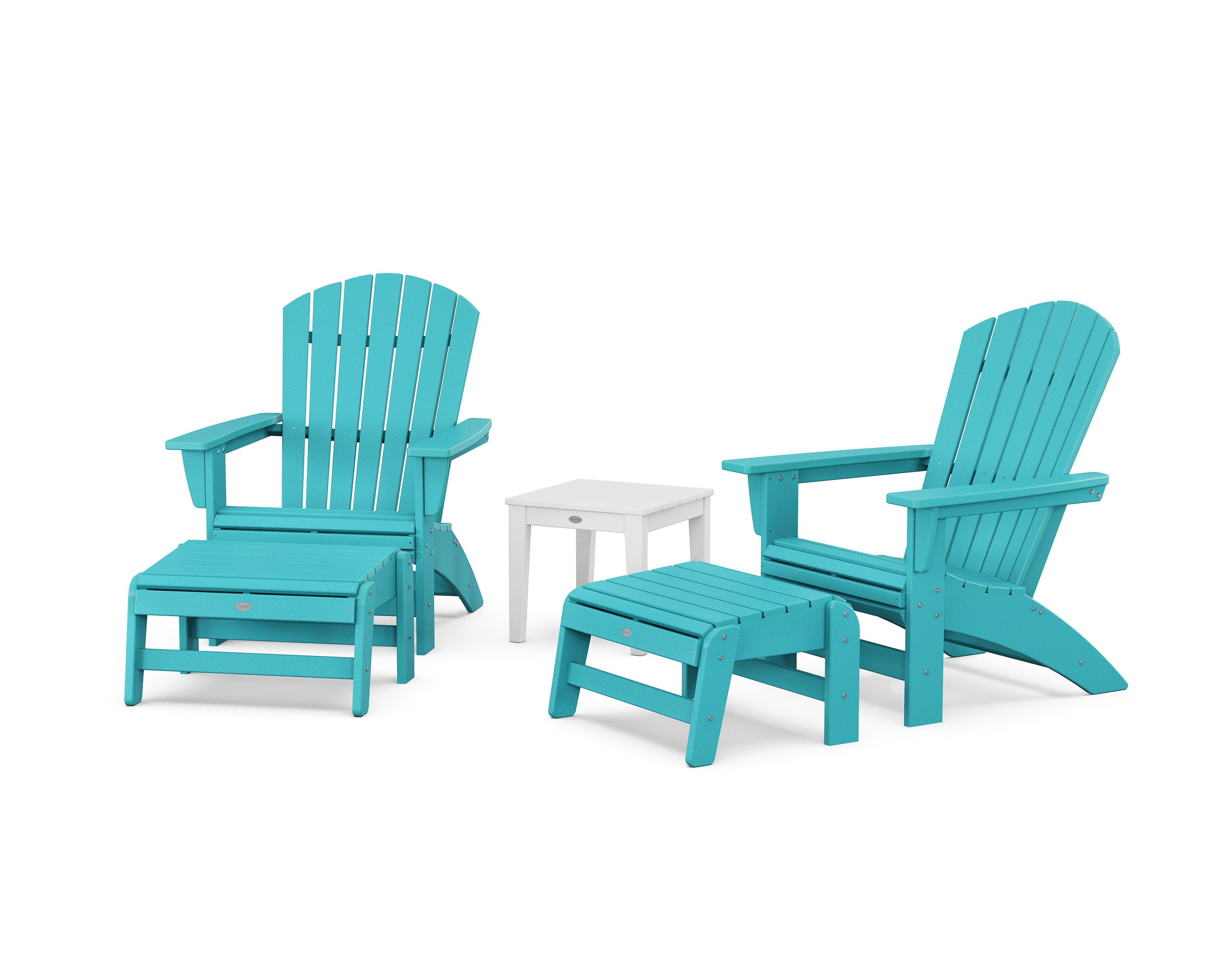 5-Piece Nautical Grand Adirondack Set with Ottomans and Side Table in Aruba / White