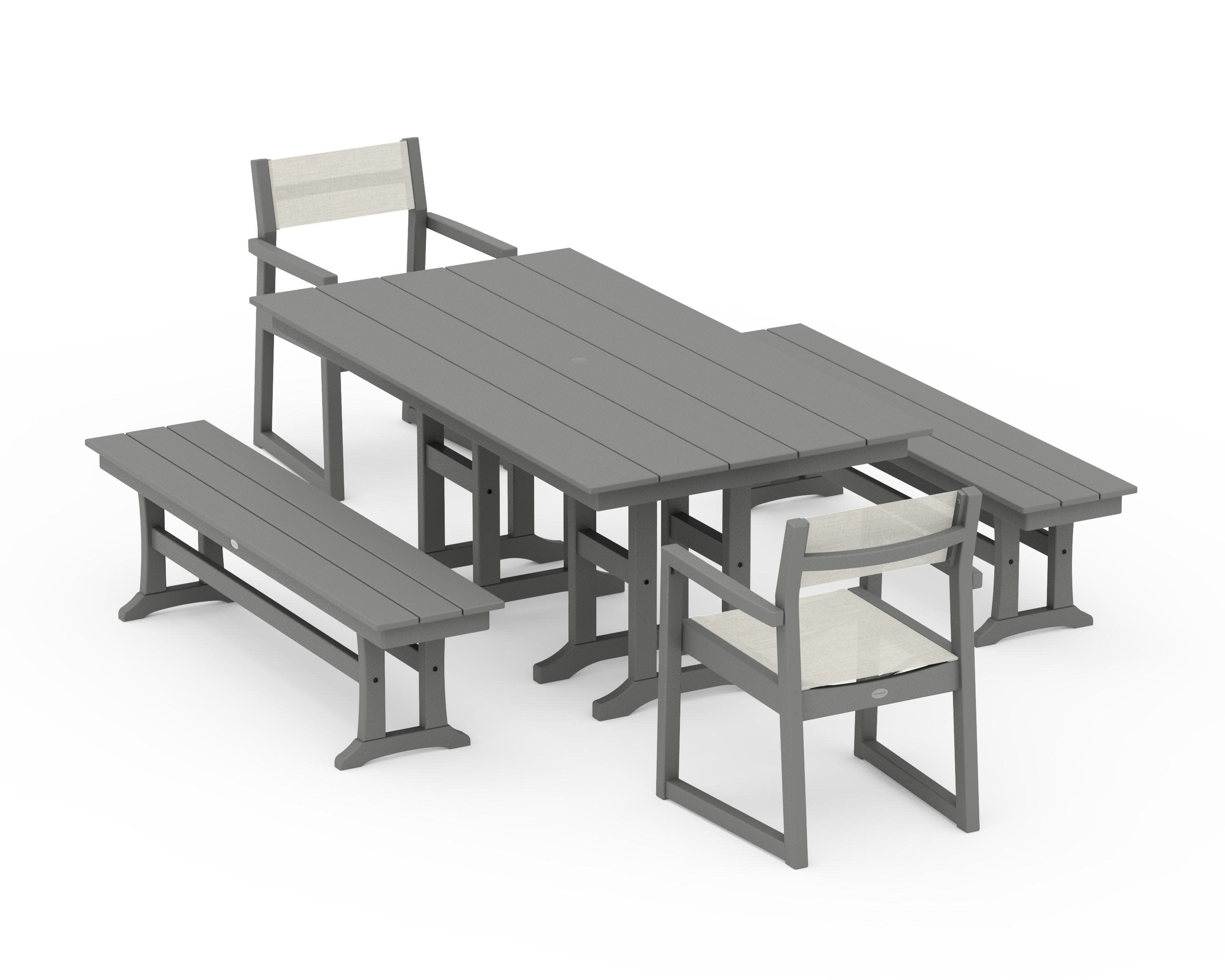 EDGE Sling Arm Chair 5-Piece Farmhouse Dining Set with Benches in Slate Grey / Parchment Sling