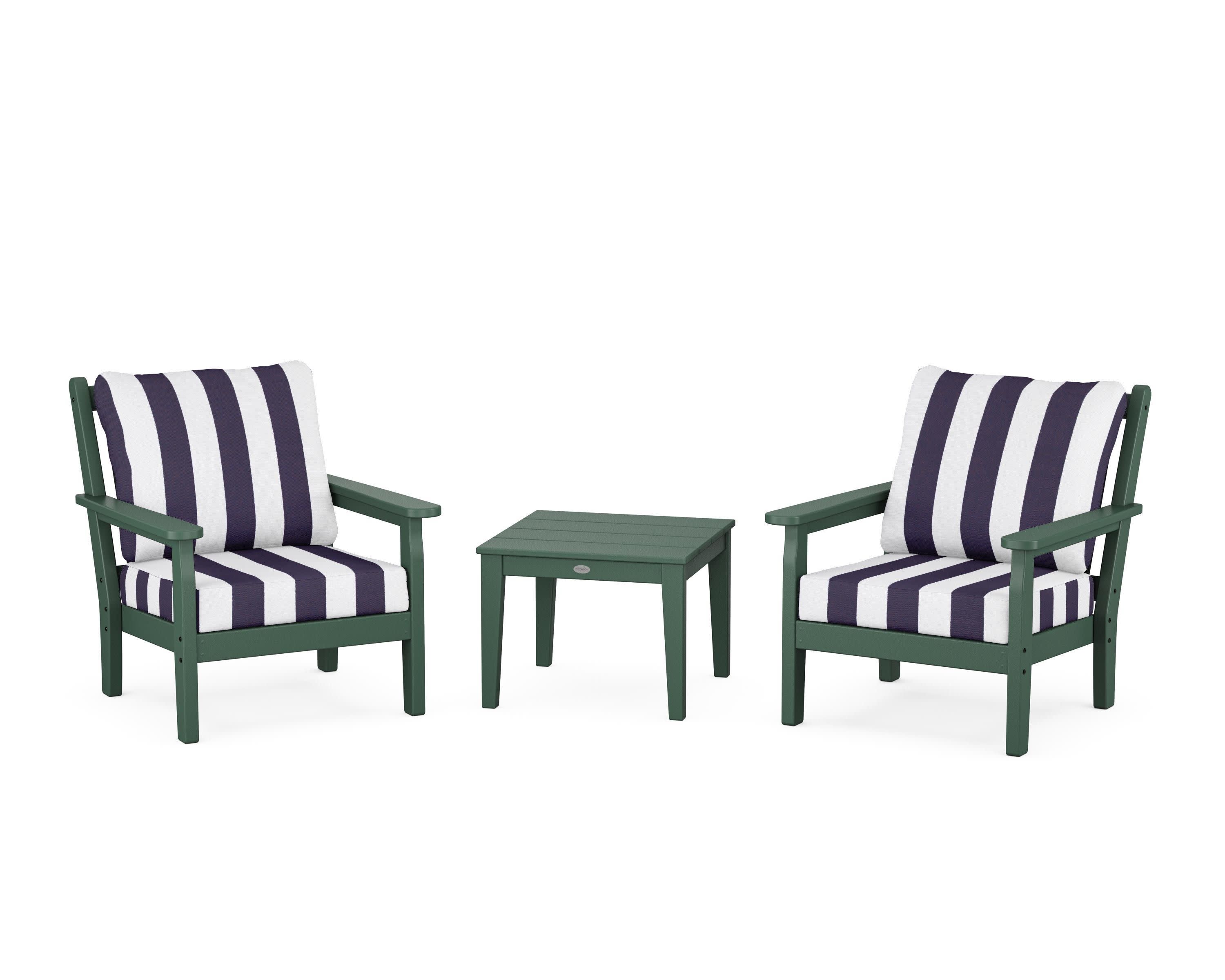 Chippendale 3-Piece Deep Seating Set in Green / Cabana Stripe Navy