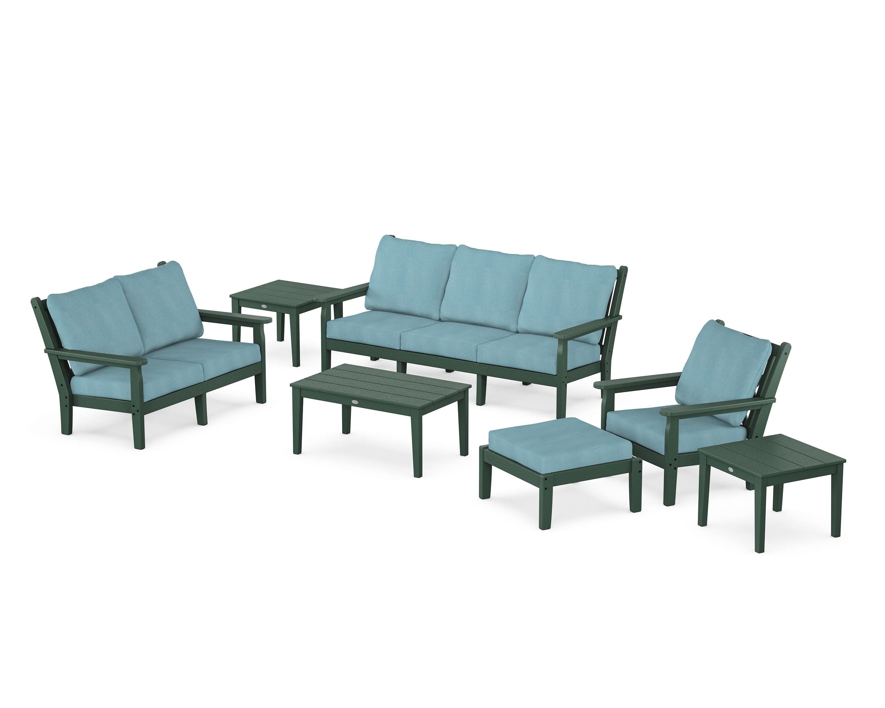 Chippendale 7-Piece Deep Seating Set in Green / Lattice Sky Blue