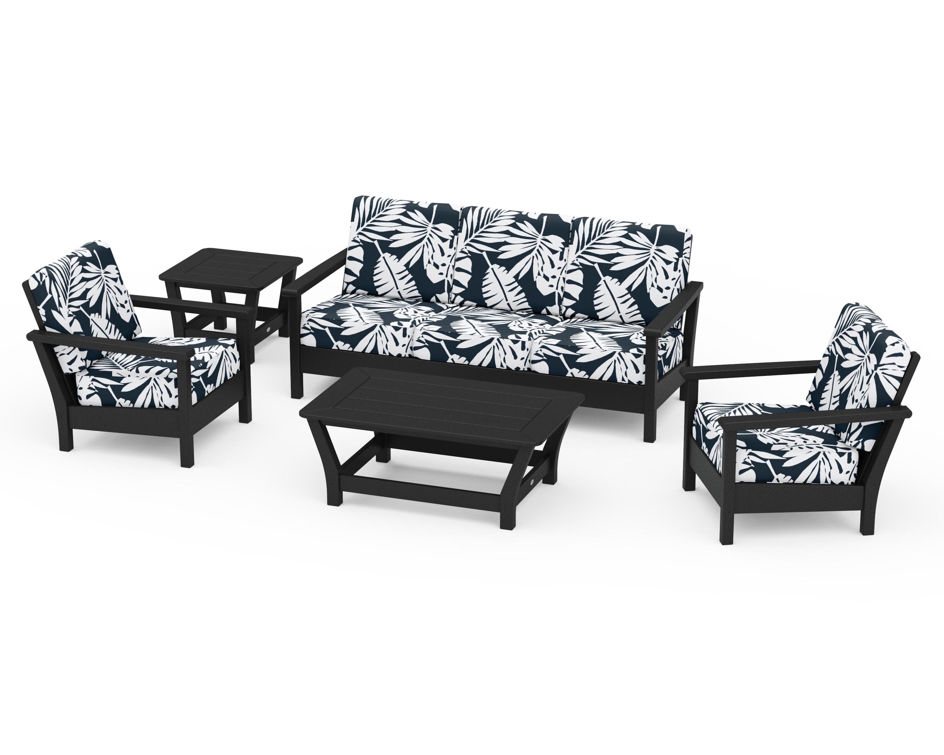 Harbour 5-Piece Deep Seating Set in Black / Leaf Marine Indigo