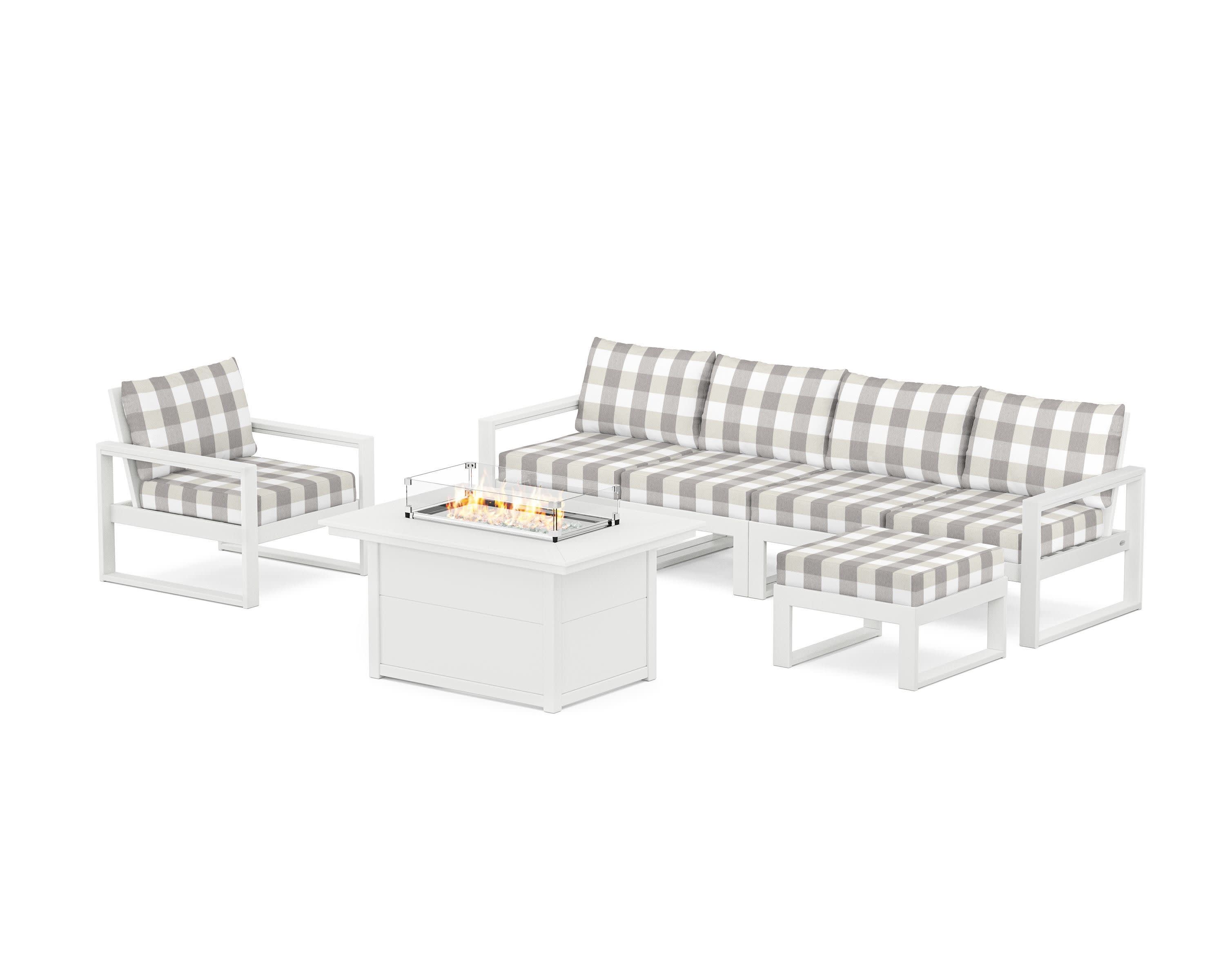 EDGE Sectional Lounge and Fire Pit Set in White / Buffalo Plaid Grey Mist