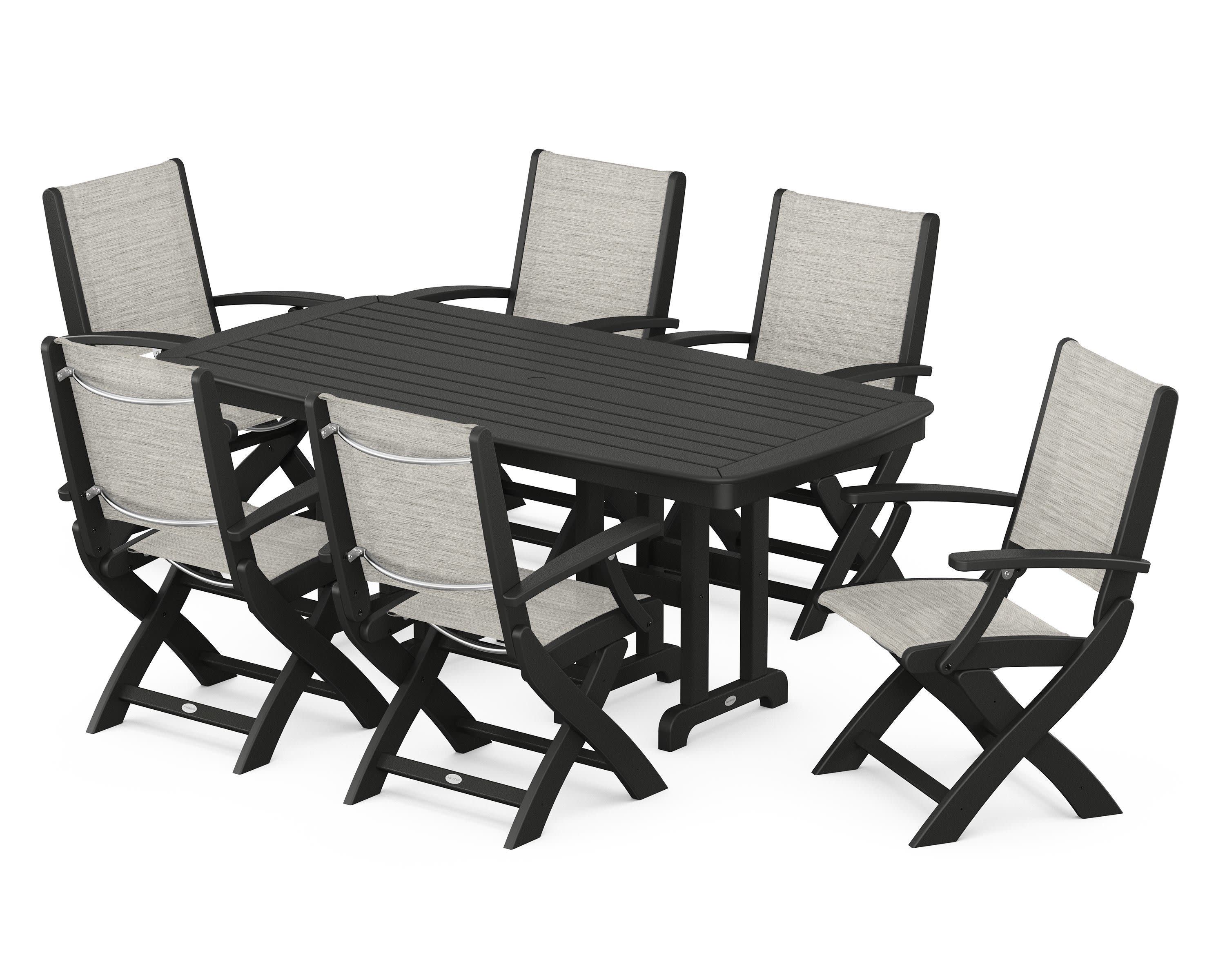 Coastal Folding Arm Chair 7-Piece Dining Set in Black / Birch Sling