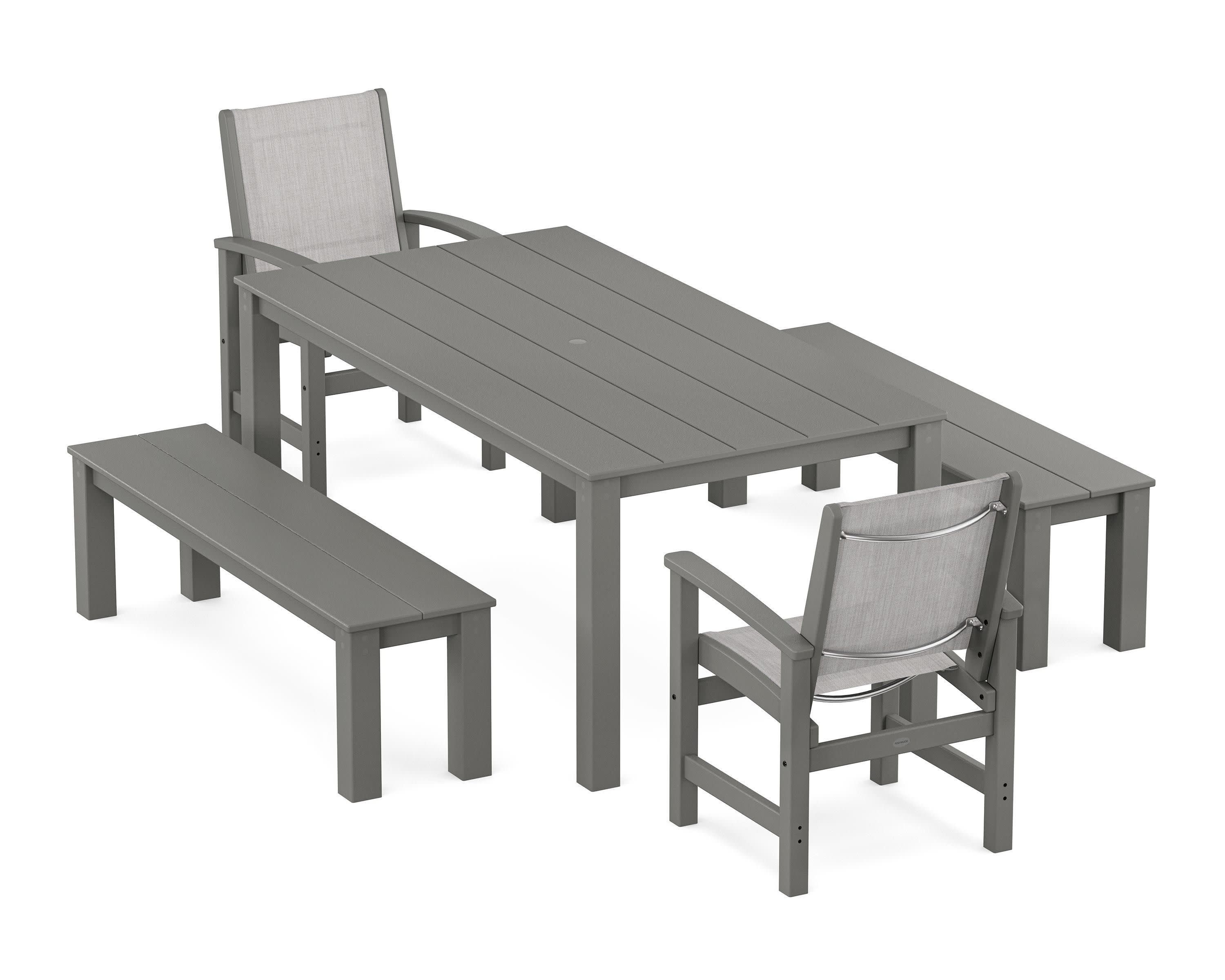 Coastal 5-Piece Parsons Dining Set with Benches in Black / Dupioni Apricot Sling