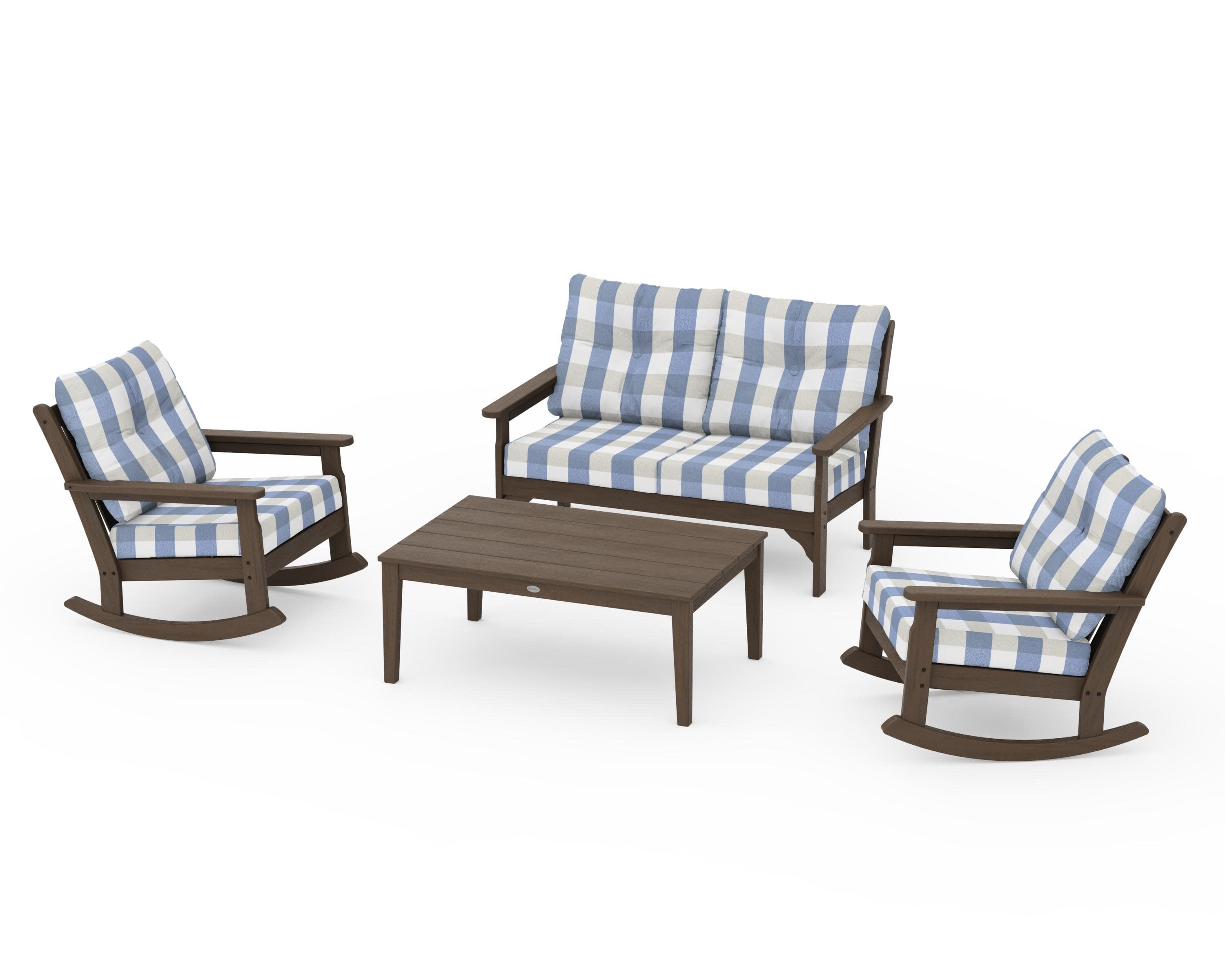Vineyard 4-Piece Deep Seating Rocking Chair Set in Kona / Buffalo Plaid Sky Blue