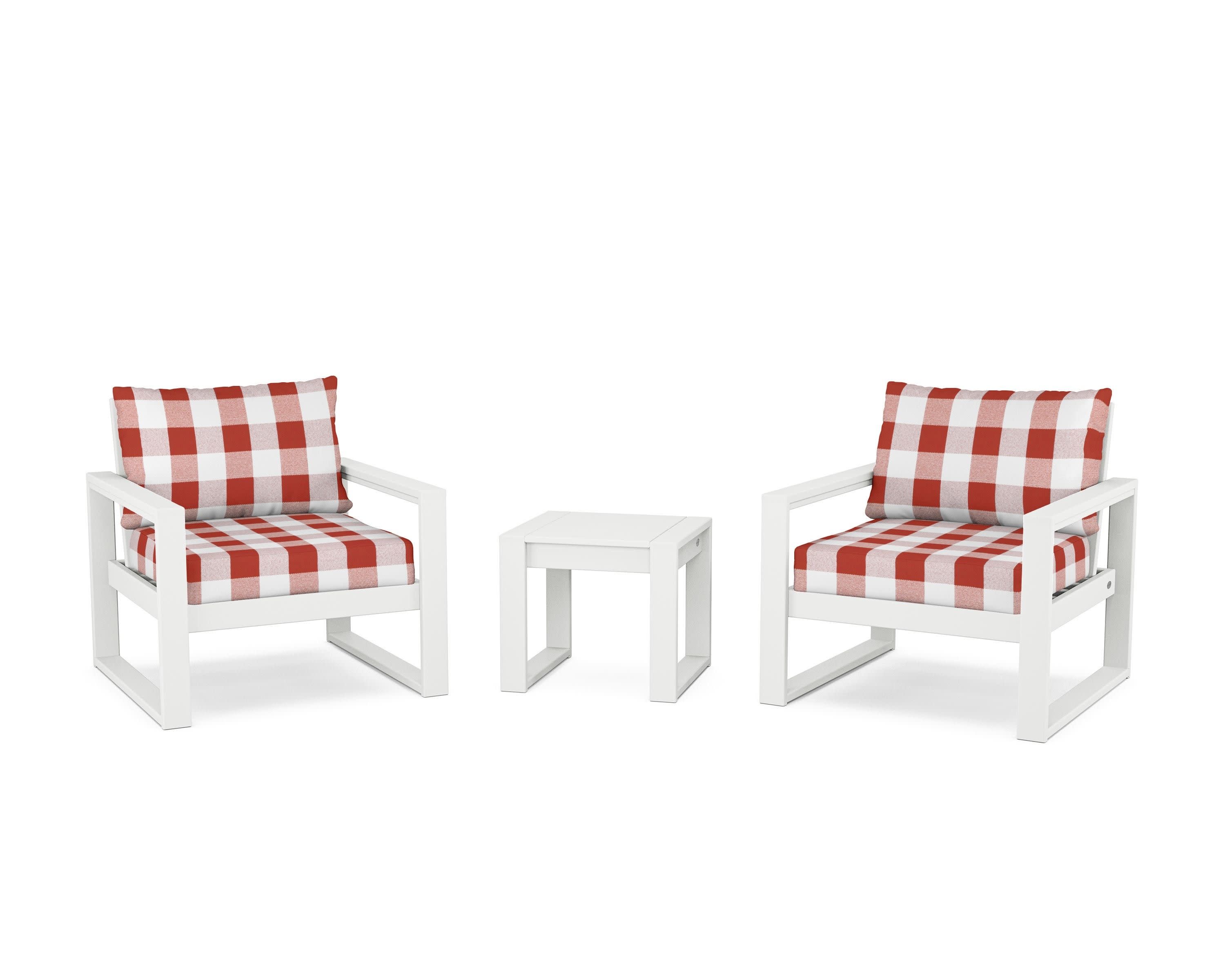 EDGE Sectional 3-Piece Deep Seating Set in White / Buffalo Plaid Crimson