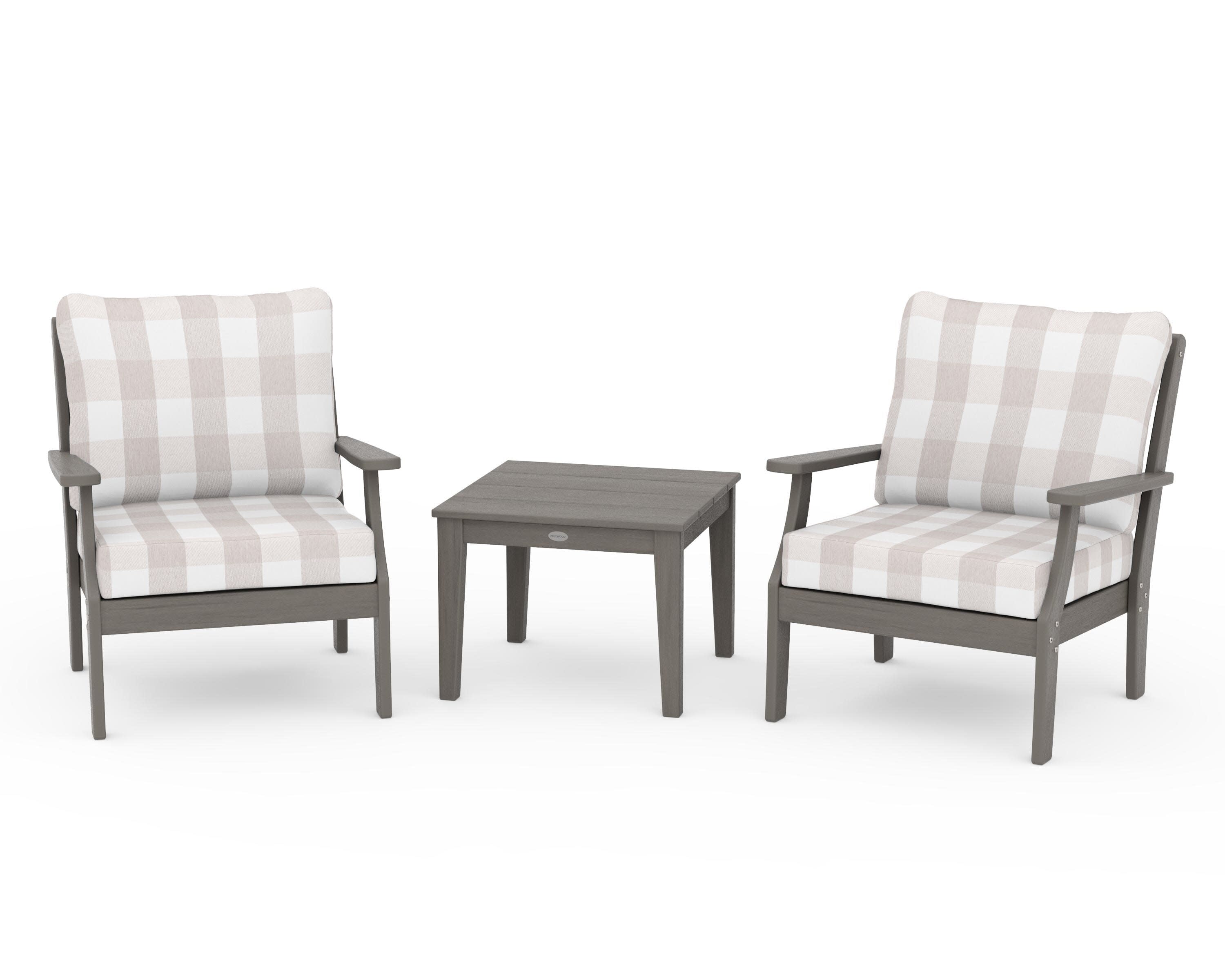 Braxton 3-Piece Deep Seating Set in Driftwood / Buffalo Plaid Dune Burlap