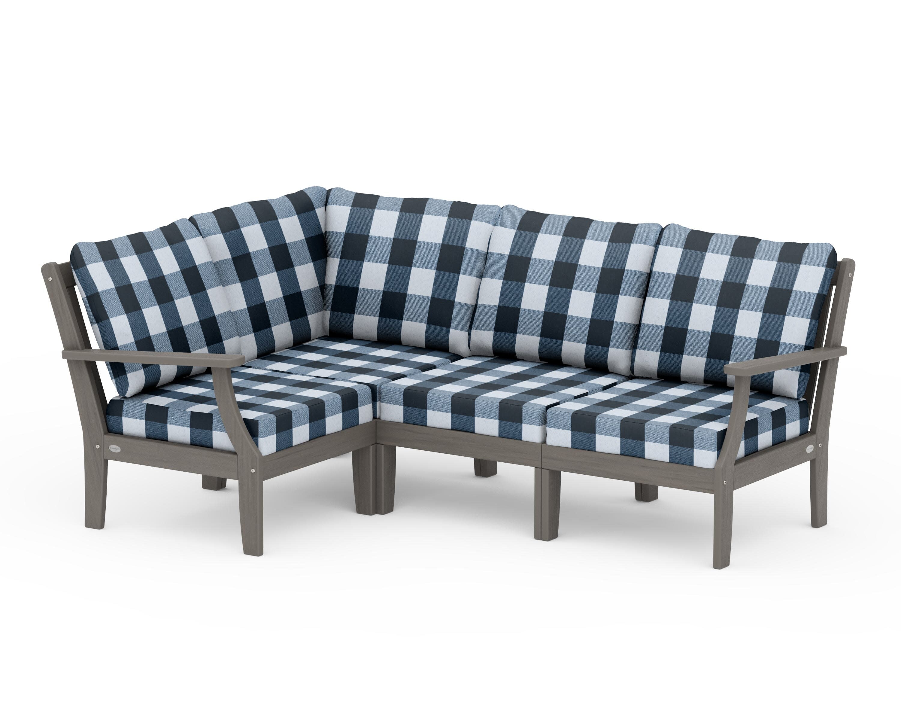 Braxton Modular 4-Piece Deep Seating Set in Driftwood / Buffalo Plaid Marine Indigo