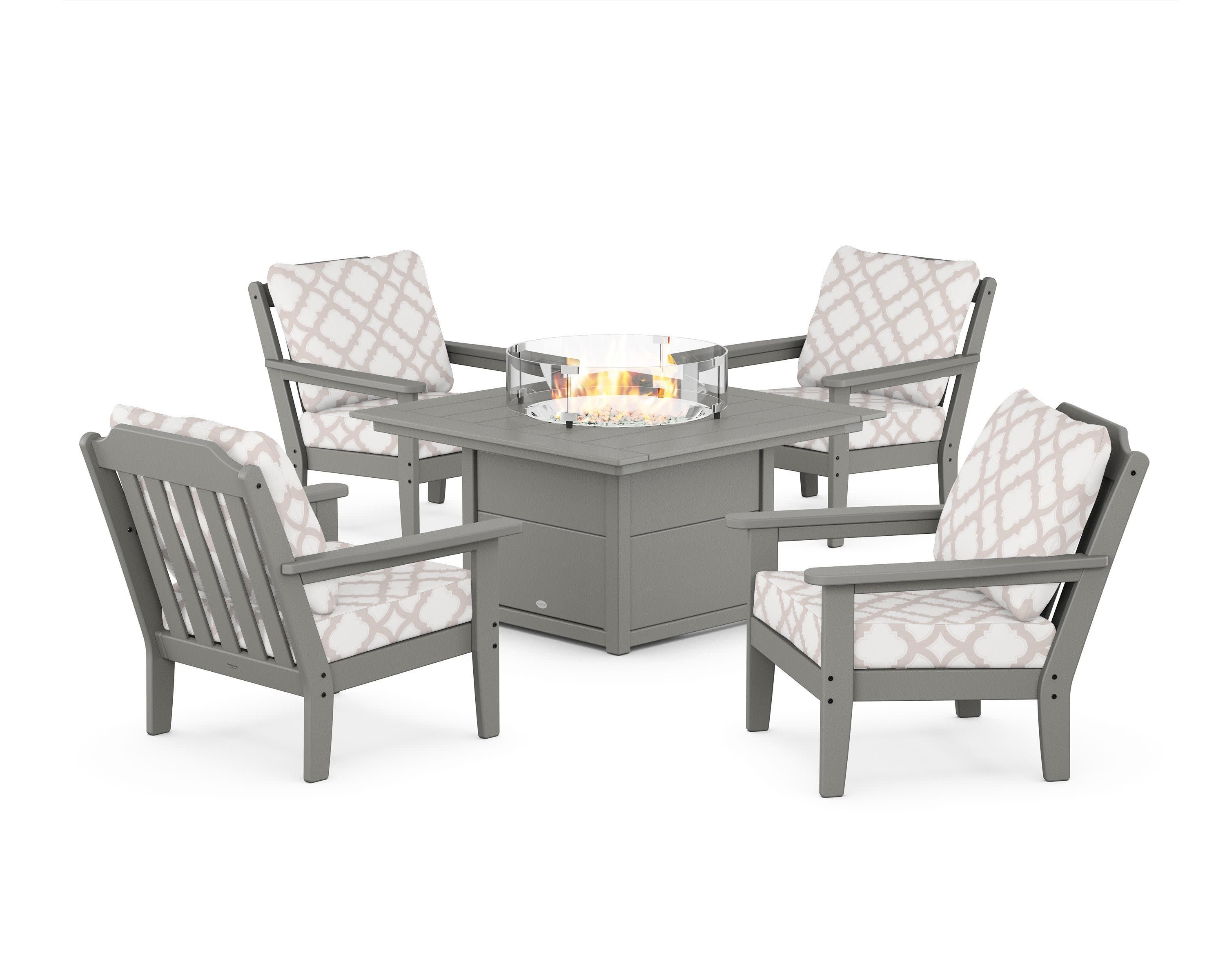 Cottage 5-Piece Deep Seating Set with Fire Pit Table in Slate Grey / Trellis Dune Burlap